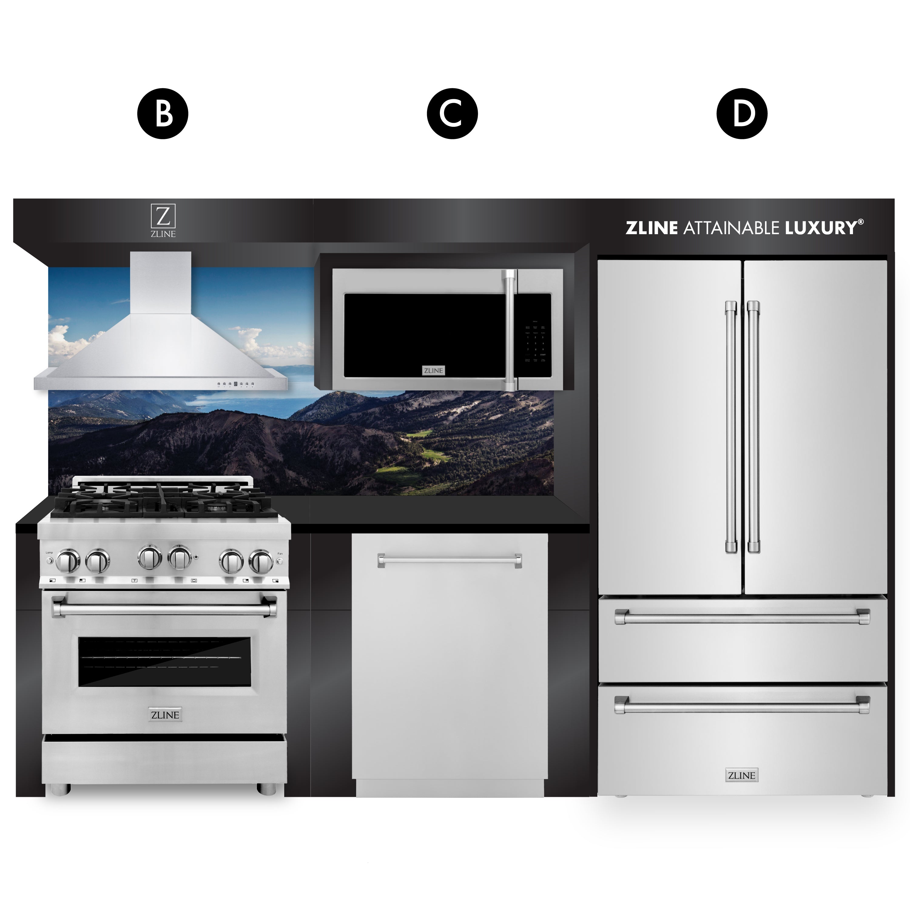 ZLINE Kitchen Vignette with a Stainless Steel Refrigerator, Gas Freestanding Range, Stainless Steel Range Hood, 30" Over the Range Microwave, and Monument Style Dishwasher (VND-BCD-RG)