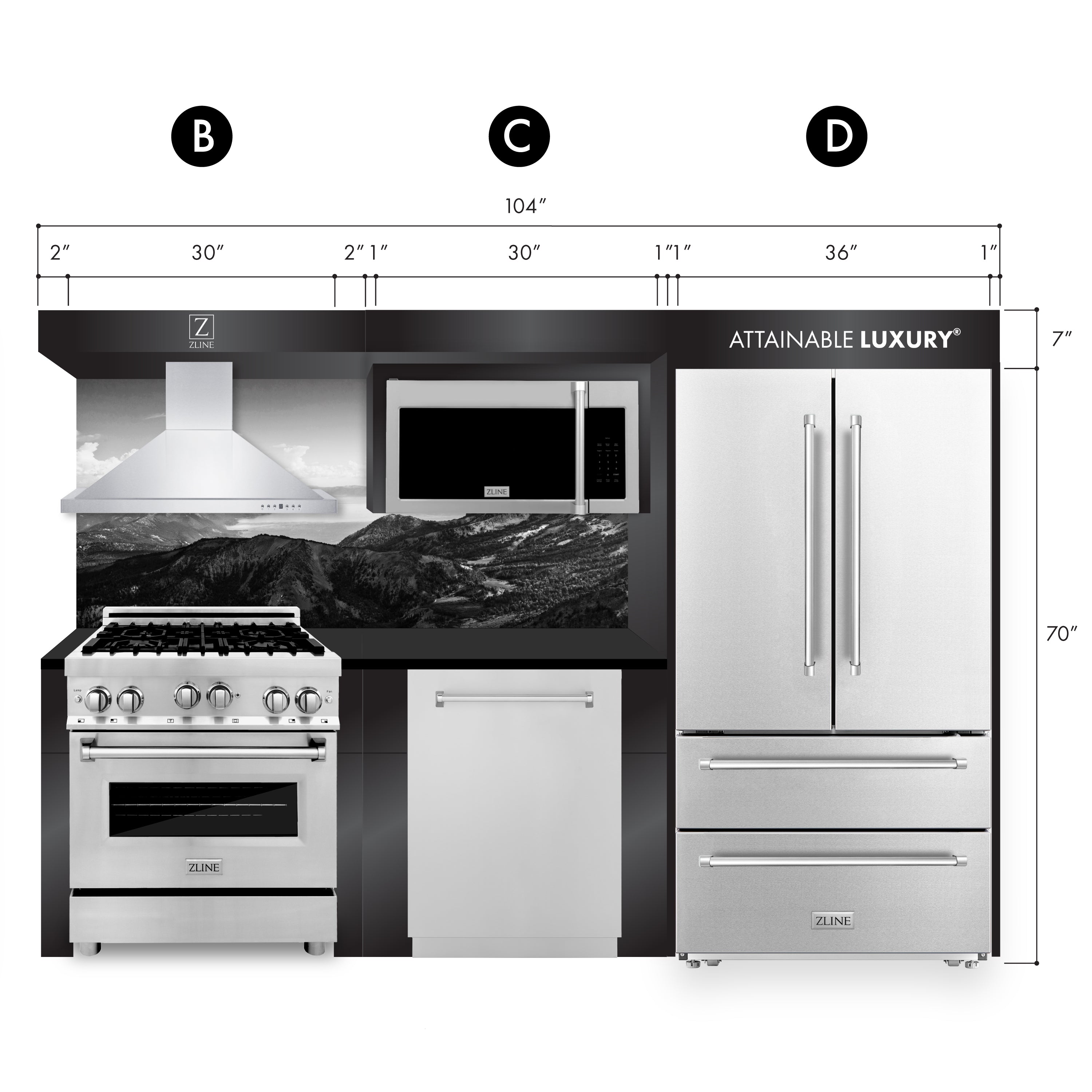 ZLINE Kitchen Vignette with a Stainless Steel Refrigerator, Dual Fuel Freestanding Range, Stainless Steel Range Hood, 30" Over the Range Microwave, and Monument Style Dishwasher (VND-BCD-RA)