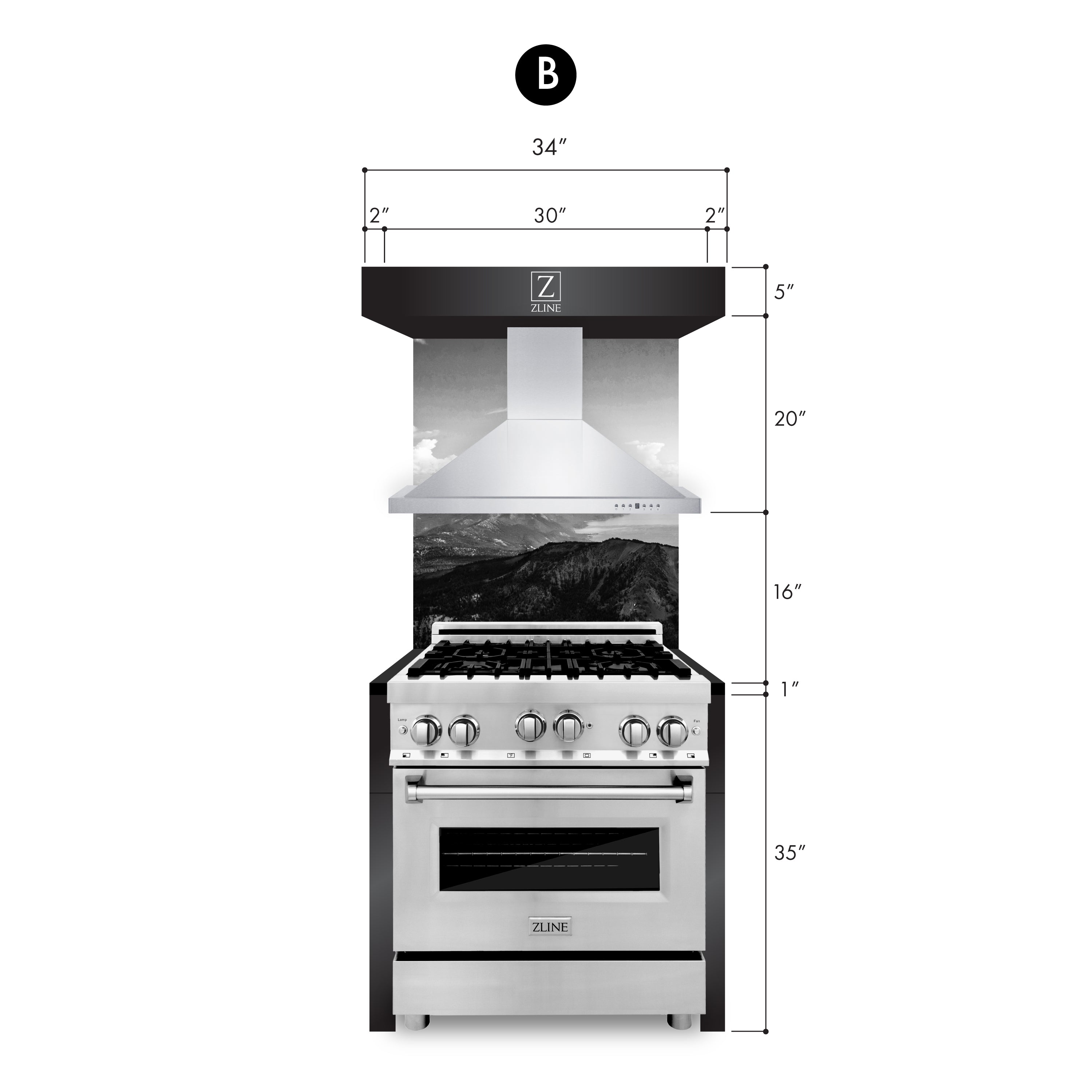 ZLINE Kitchen Vignette with a Stainless Steel Range Hood and Dual Fuel Range (VND-B-RA)