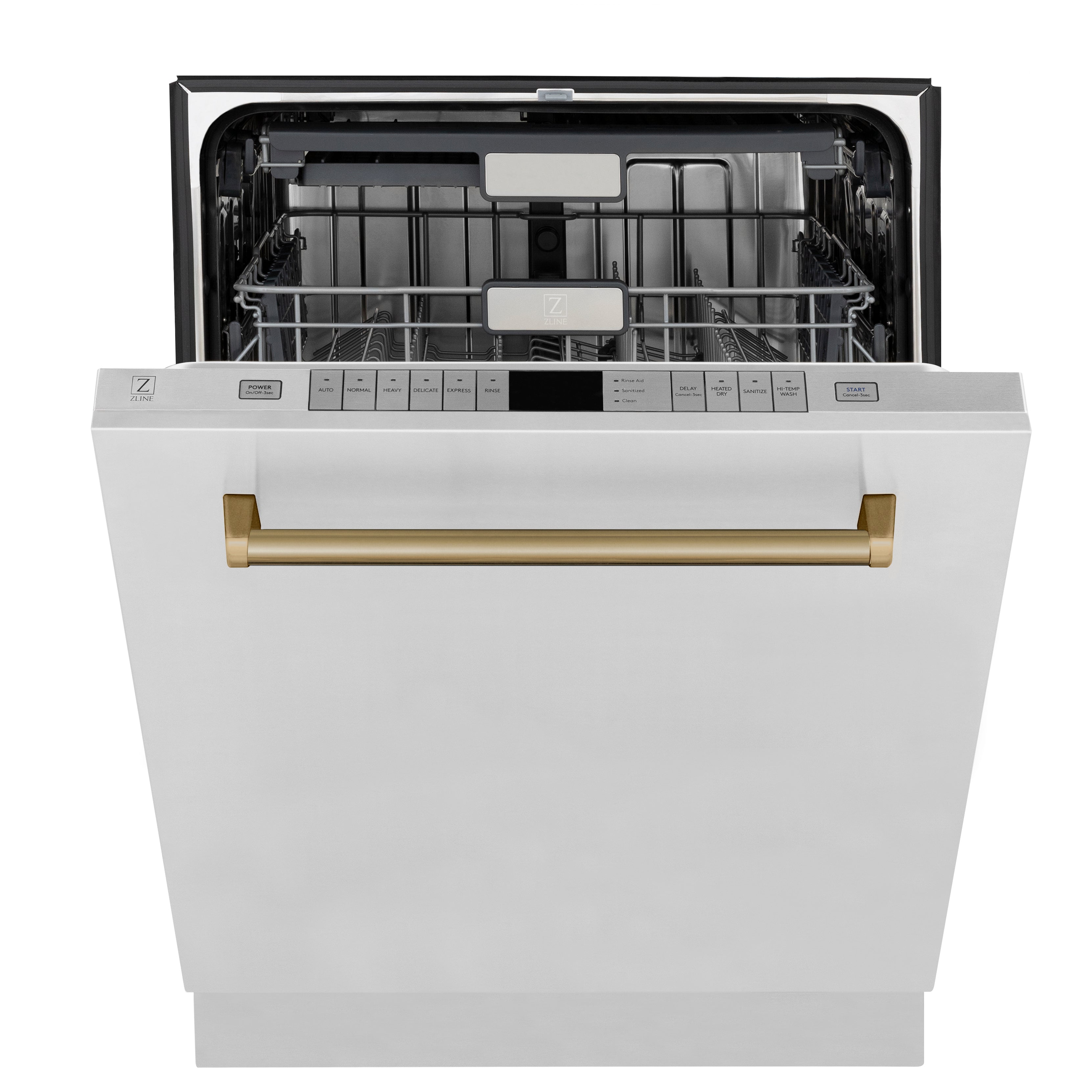 ZLINE Autograph Edition 24" 3rd Rack Top Touch Control Tall Tub Dishwasher in Stainless Steel with Champagne Bronze Handle, 45dBa (DWMTZ-304-24-CB)
