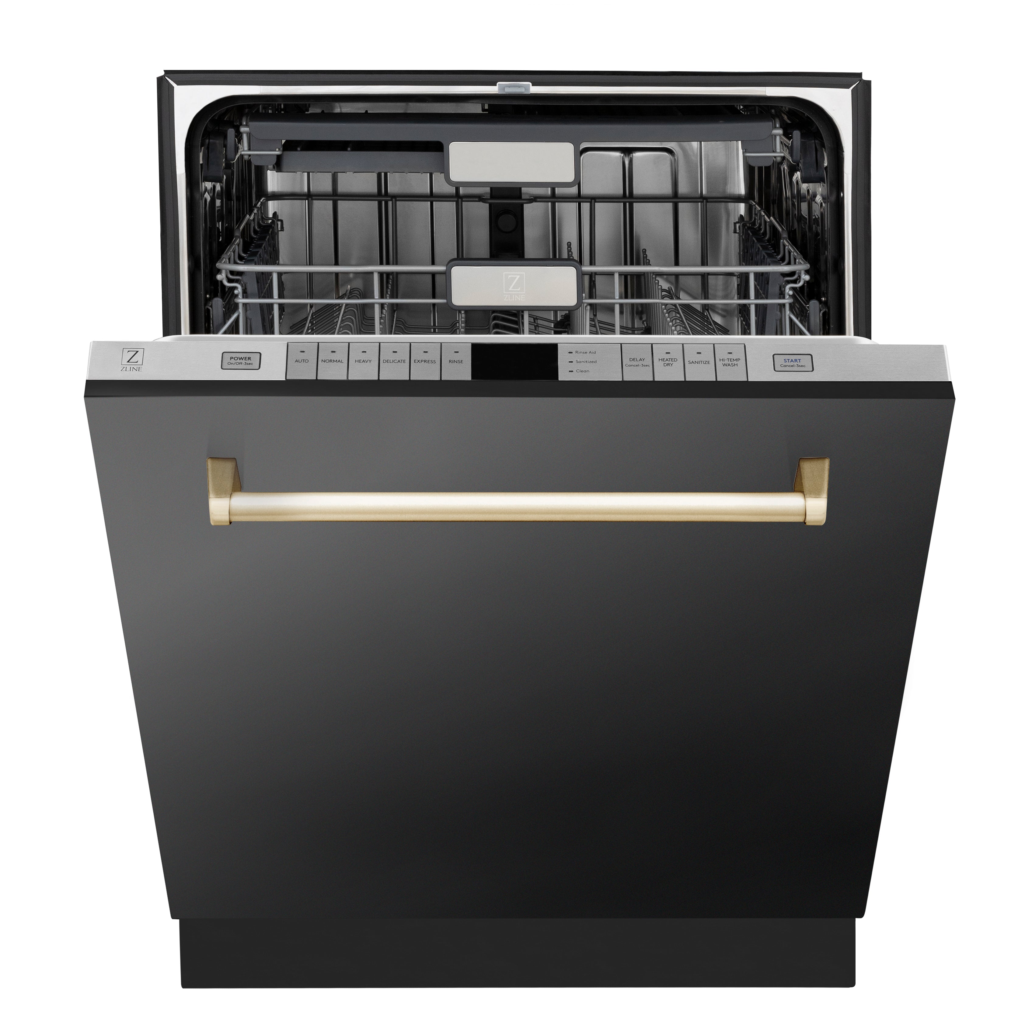 ZLINE Autograph Edition 24" 3rd Rack Top Touch Control Tall Tub Dishwasher in Black Stainless Steel with Gold Handle, 45dBa (DWMTZ-BS-24-G)