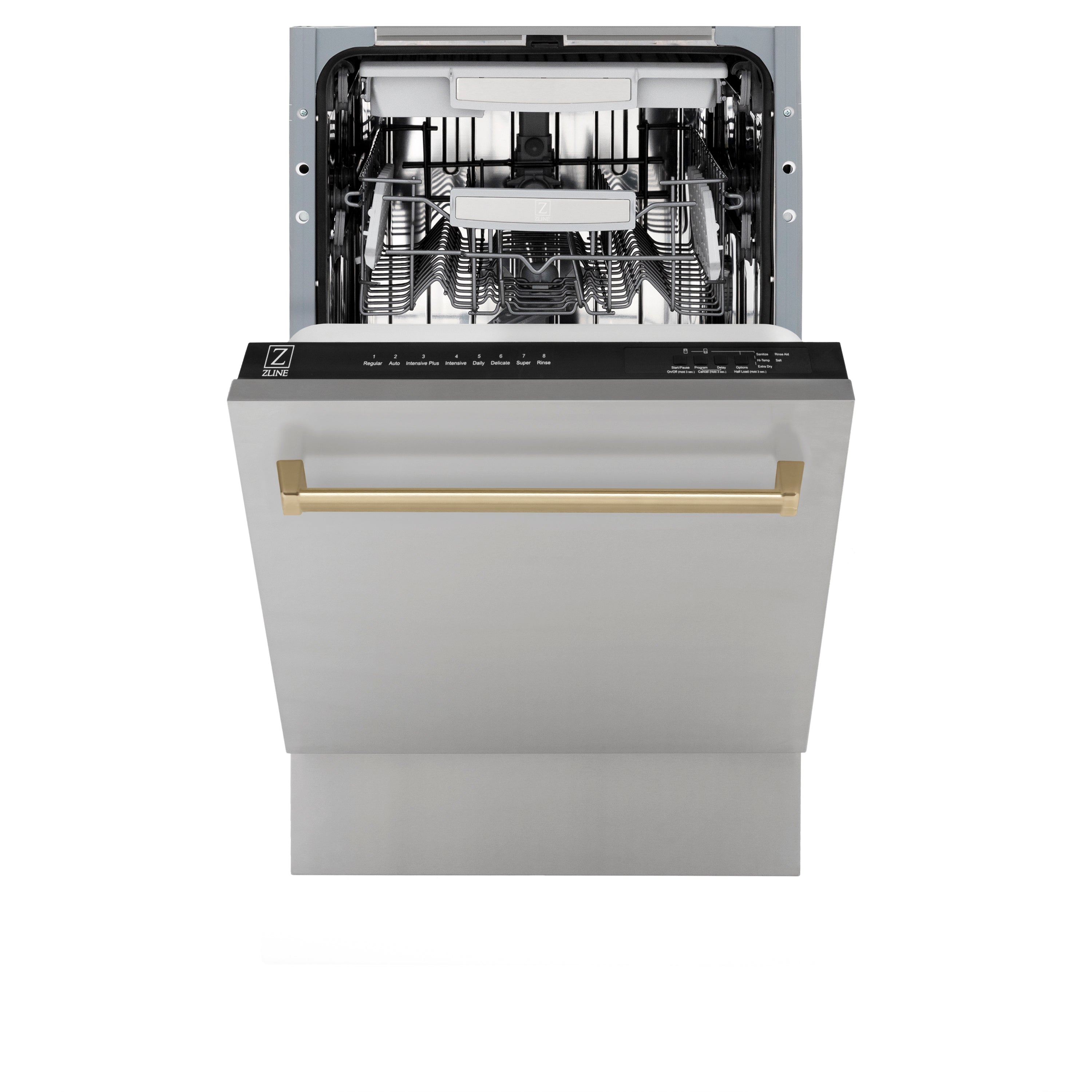 ZLINE Autograph Edition 18” Compact 3rd Rack Top Control Built-In Dishwasher in Stainless Steel with Champagne Bronze Handle, 51dBa (DWVZ-304-18-CB)