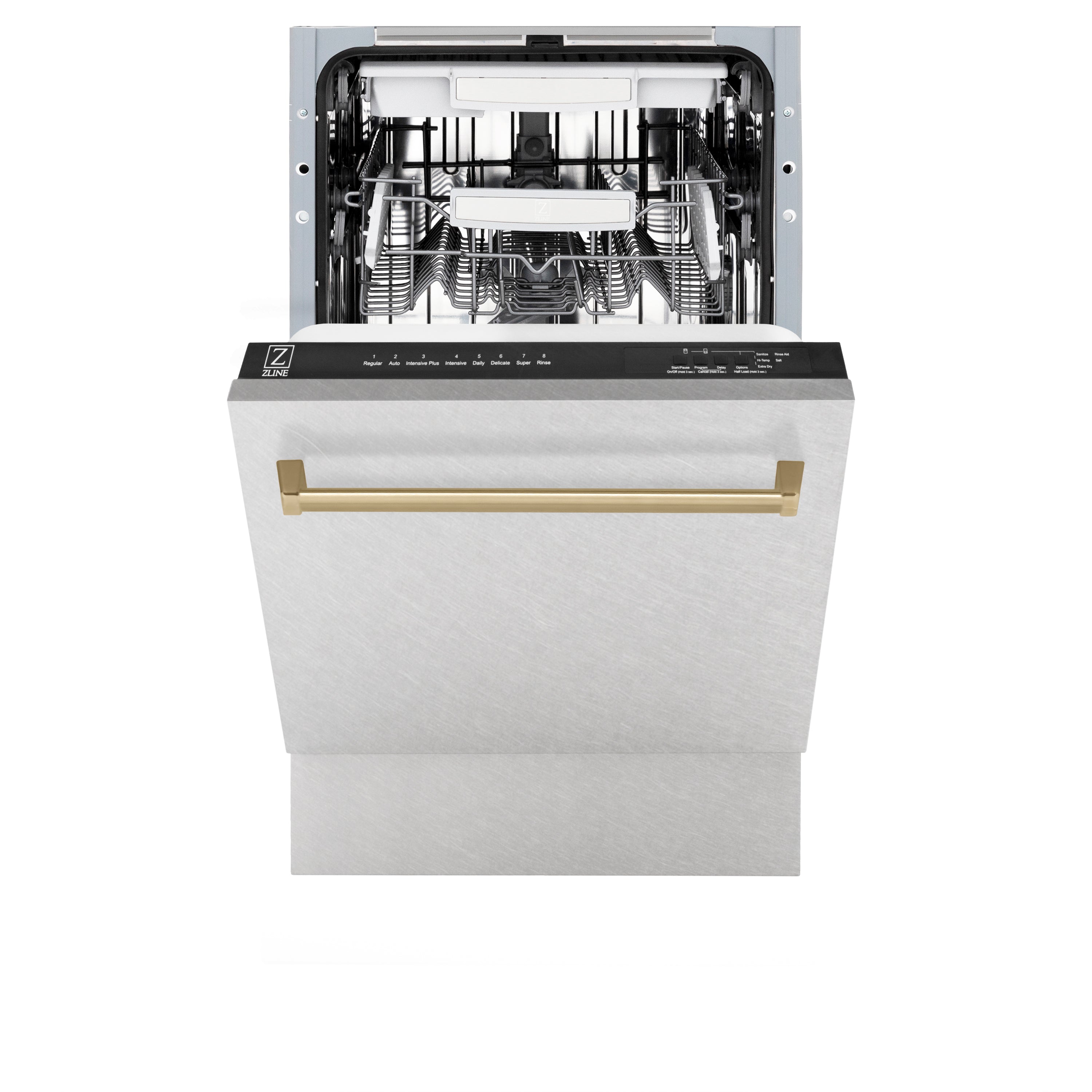 ZLINE Autograph Edition 18" Compact 3rd Rack Top Control Dishwasher in Fingerprint Resistant Stainless Steel with Champagne Bronze Handle, 51dBa (DWVZ-SN-18-CB)