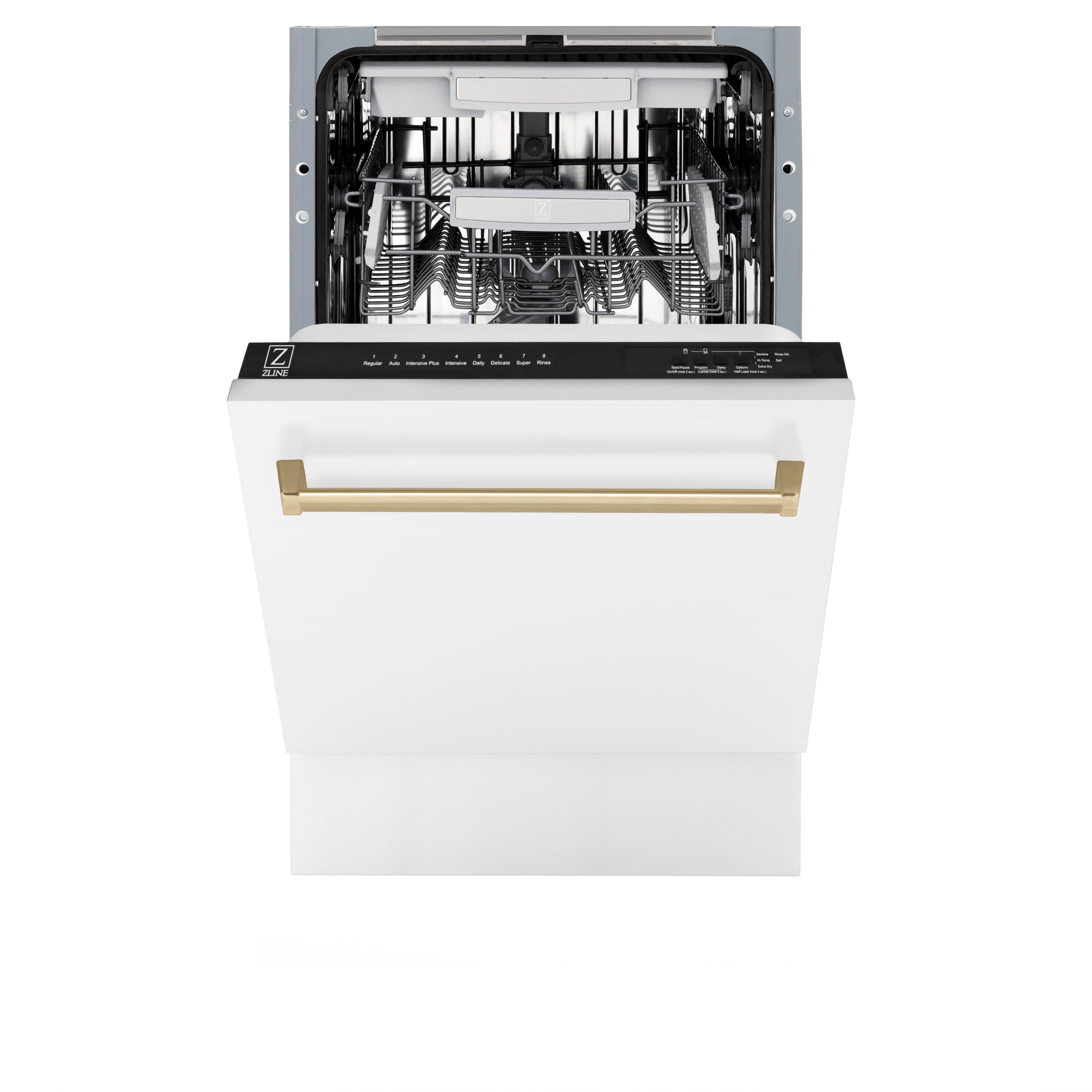 ZLINE Autograph Edition 18" Compact 3rd Rack Top Control Dishwasher in White Matte with Champagne Bronze Handle, 51dBa (DWVZ-WM-18-CB)