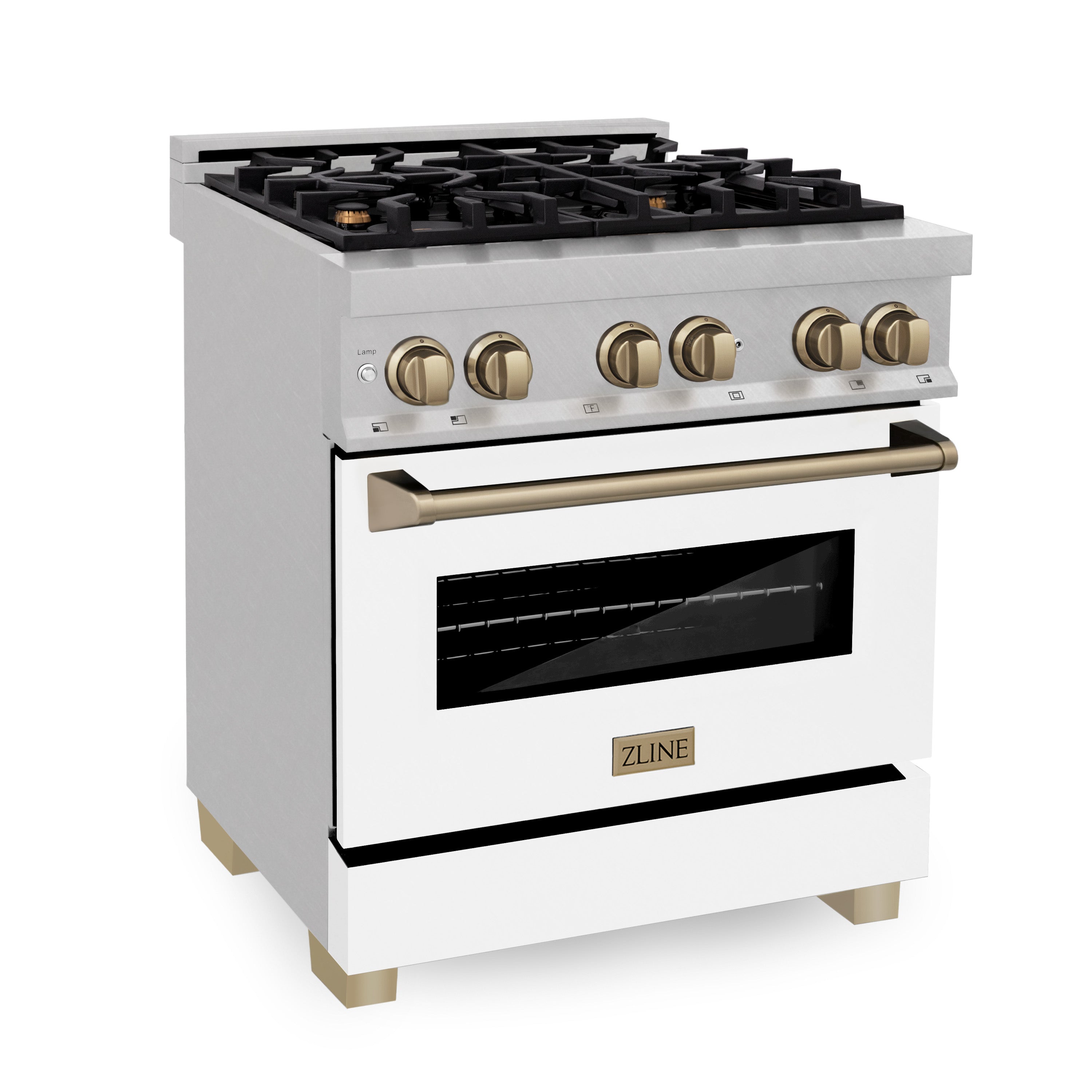 ZLINE Autograph Edition 30" 4.0 cu. ft. Dual Fuel Range with Gas Stove and Electric Oven in DuraSnow® Stainless Steel with White Matte Door and Champagne Bronze Accents (RASZ-WM-30-CB)