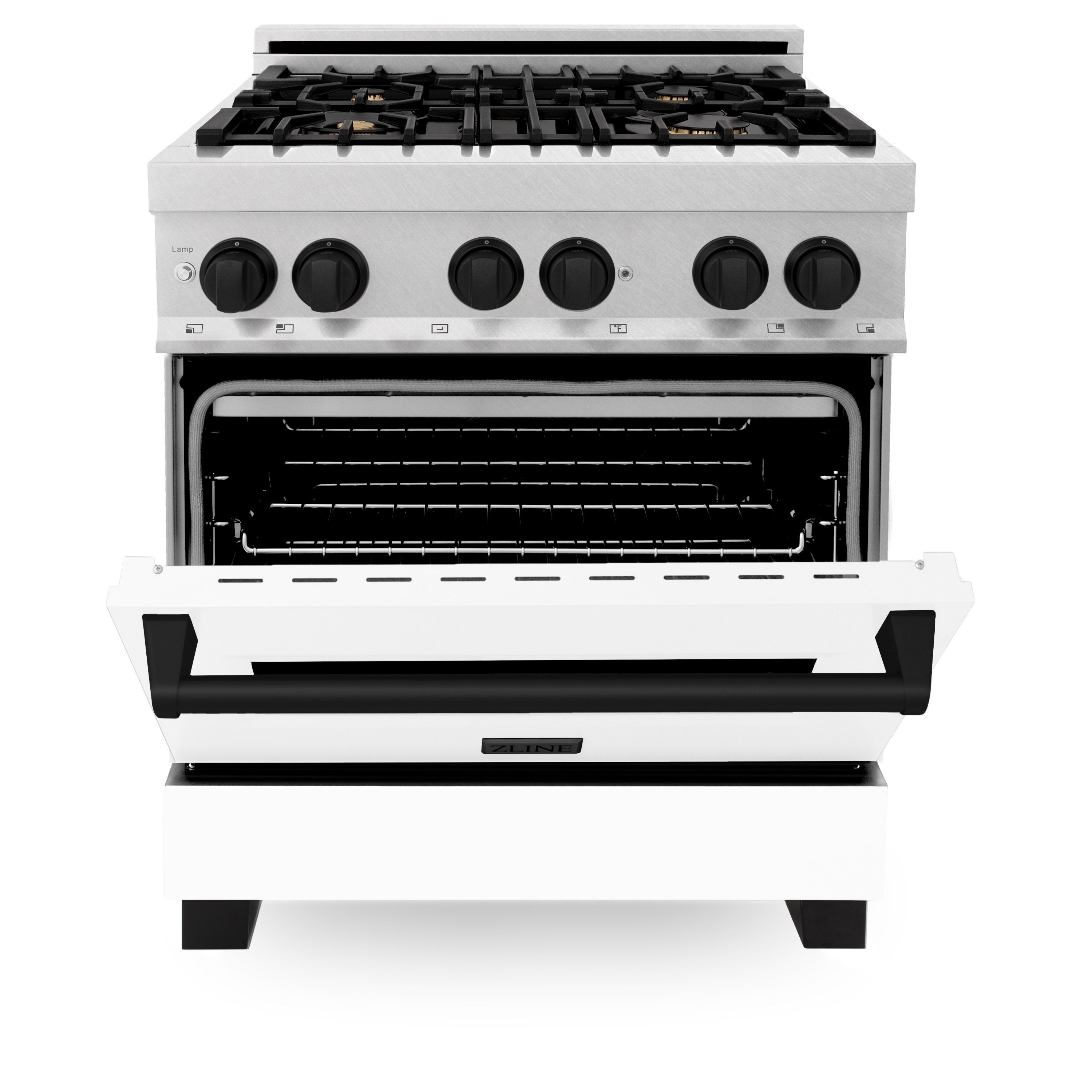 ZLINE Autograph Edition 30" 4.0 cu. ft. Dual Fuel Range with Gas Stove and Electric Oven in DuraSnow® Stainless Steel with White Matte Door and Matte Black Accents (RASZ-WM-30-MB)