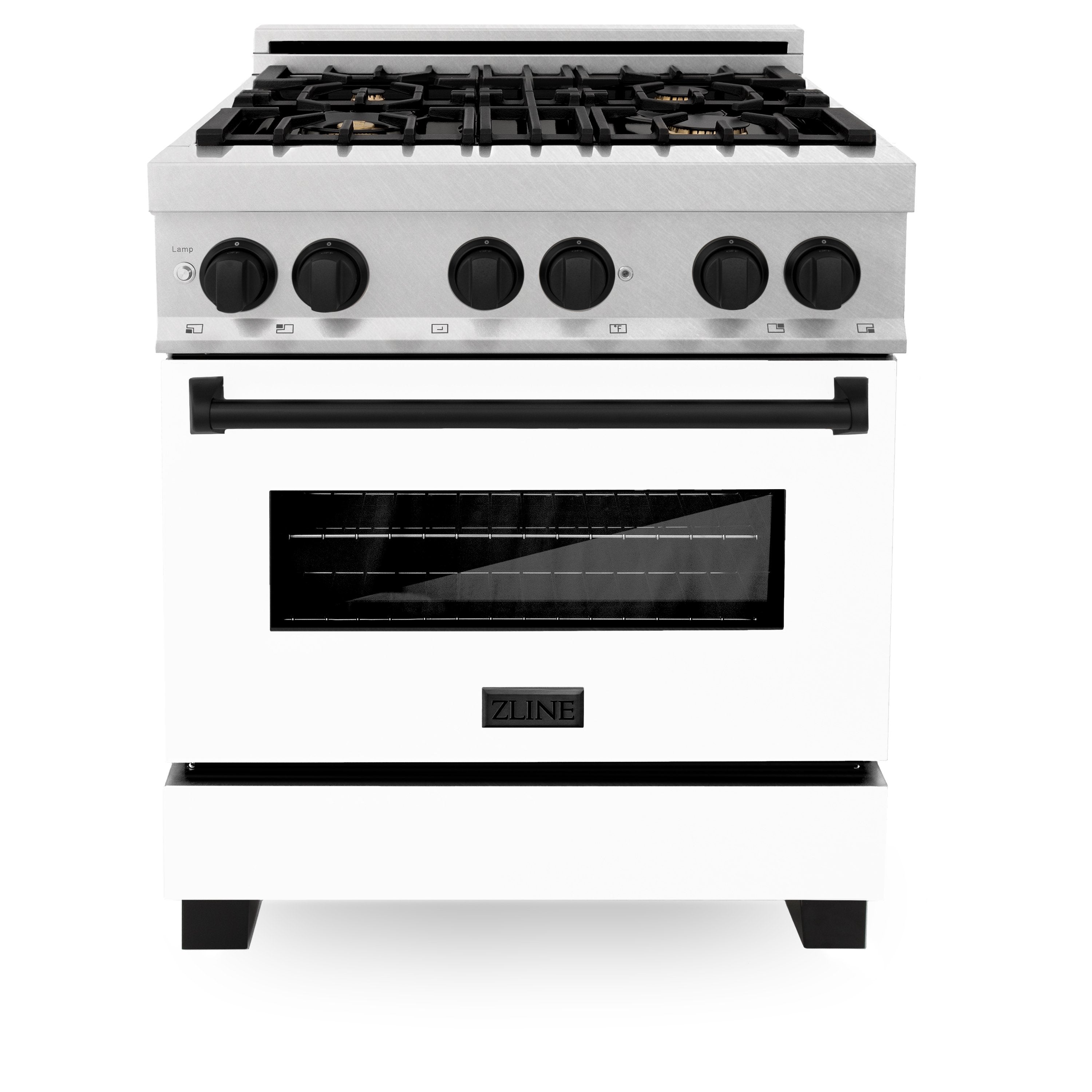 ZLINE Autograph Edition 30" 4.0 cu. ft. Dual Fuel Range with Gas Stove and Electric Oven in DuraSnow® Stainless Steel with White Matte Door and Matte Black Accents (RASZ-WM-30-MB)
