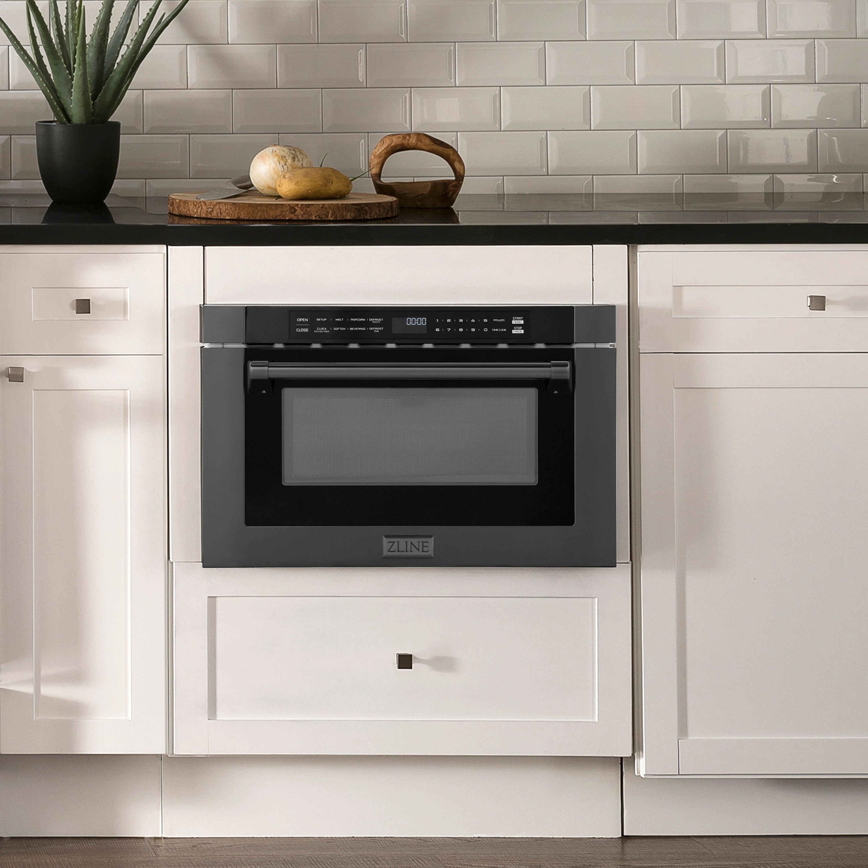 ZLINE 24" 1.2 cu. ft. Built-in Microwave Drawer with a Traditional Handle in Black Stainless Steel