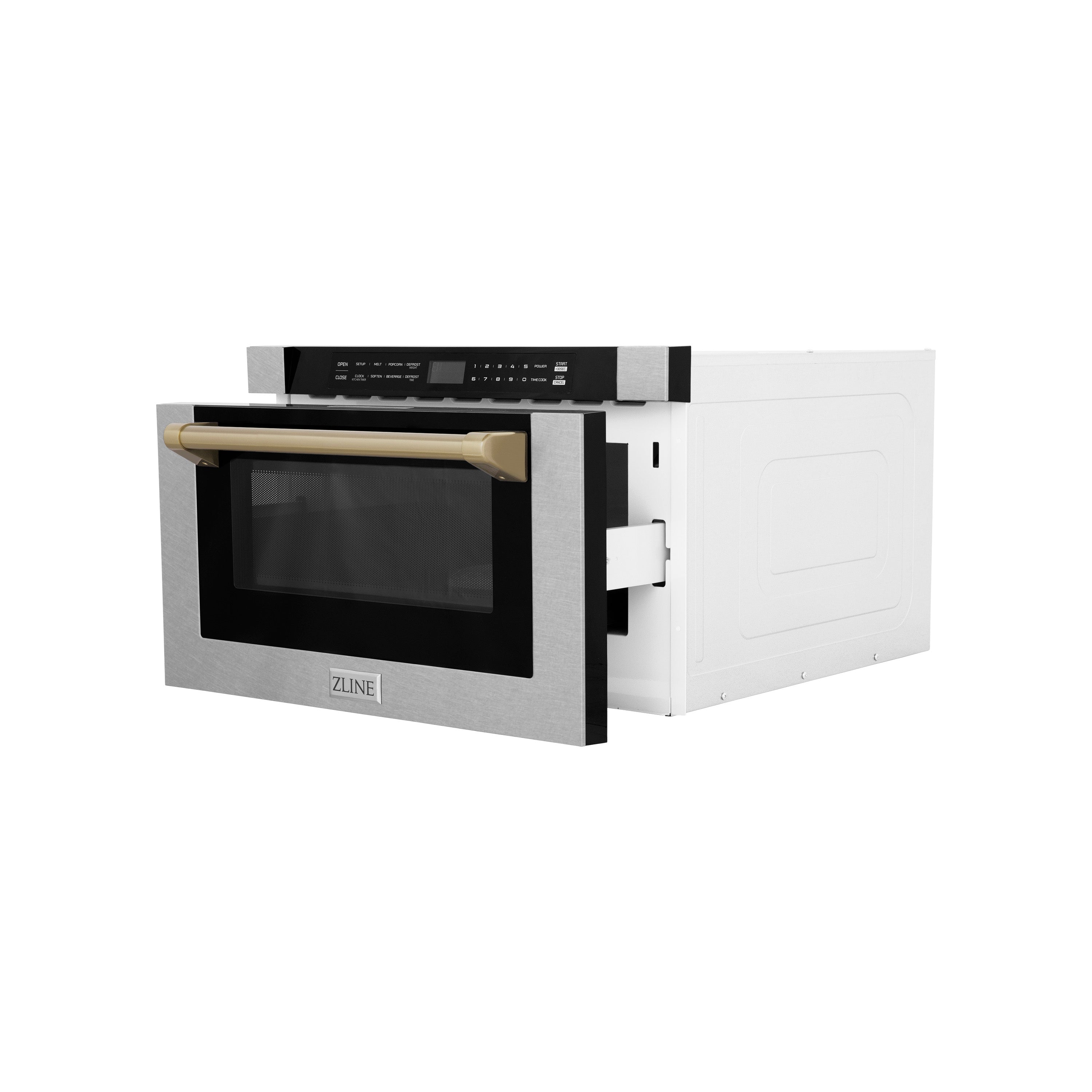 ZLINE Autograph Edition 24" 1.2 cu. ft. Built-in Microwave Drawer with a Traditional Handle in Fingerprint Resistant Stainless Steel and Champagne Bronze Accents