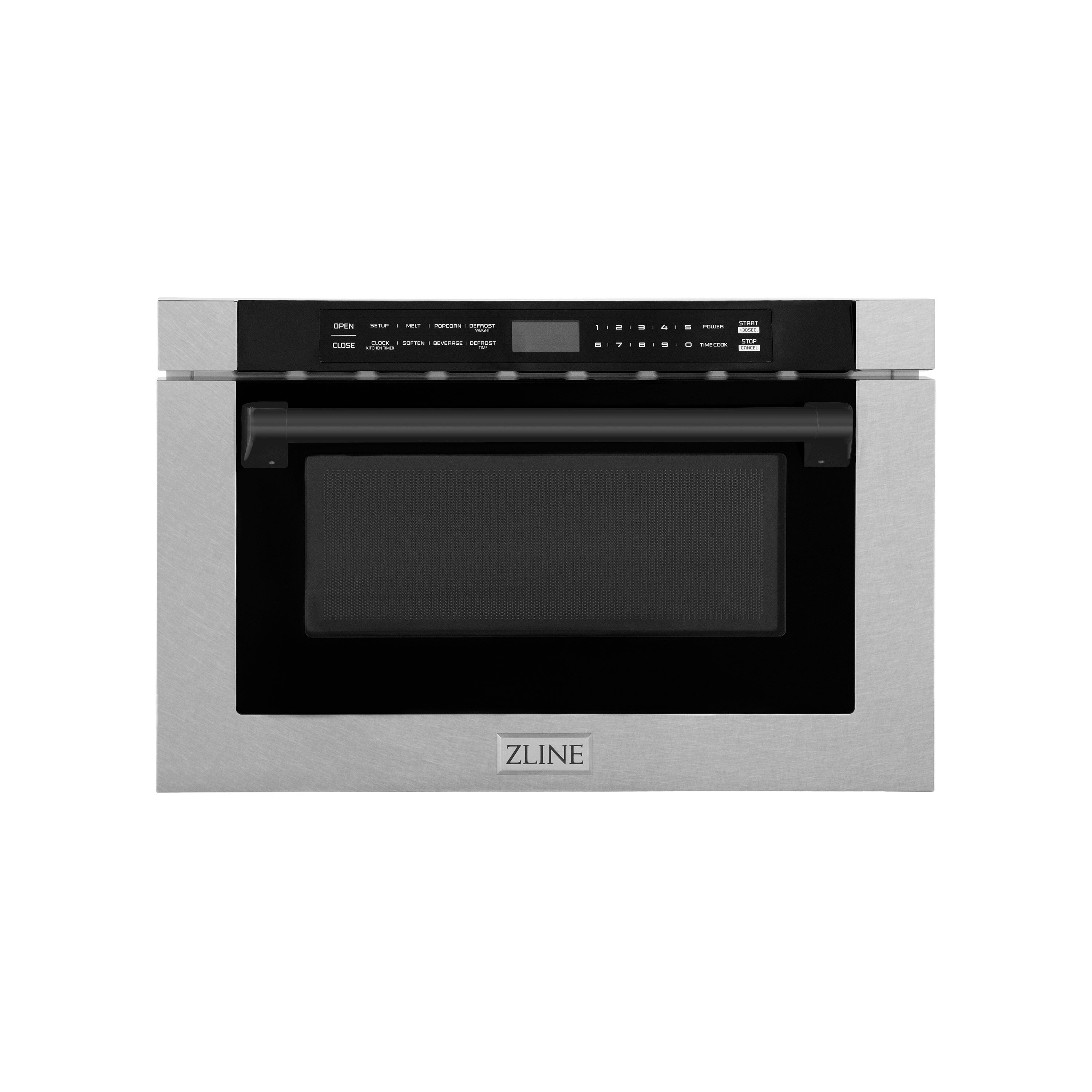 ZLINE Autograph Edition 24" 1.2 cu. ft. Built-in Microwave Drawer with a Traditional Handle in Fingerprint Resistant Stainless Steel and Matte Black Accents