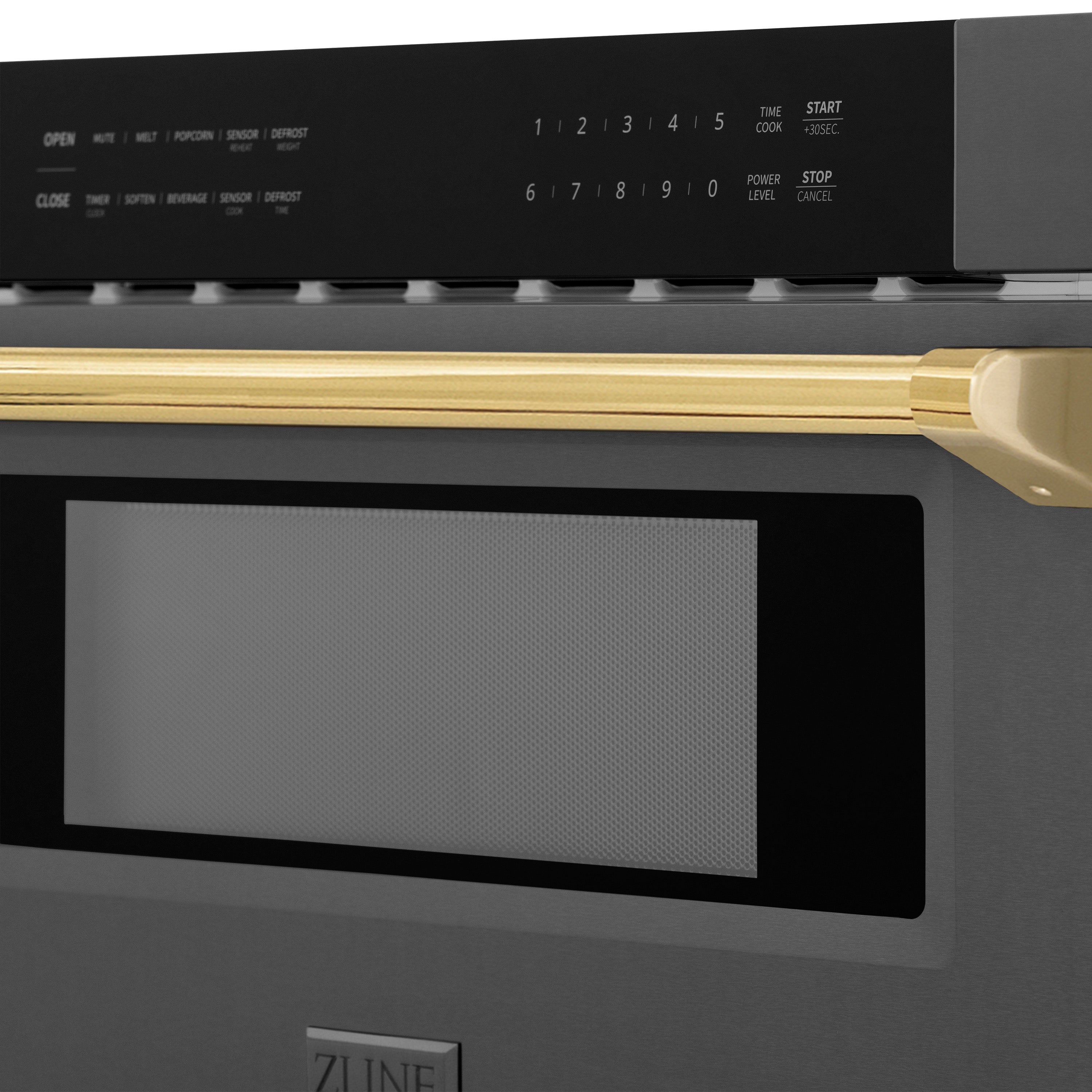 ZLINE Autograph Edition 30" 1.2 cu. ft. Built-in Microwave Drawer in Black Stainless Steel and Polished Gold Accents
