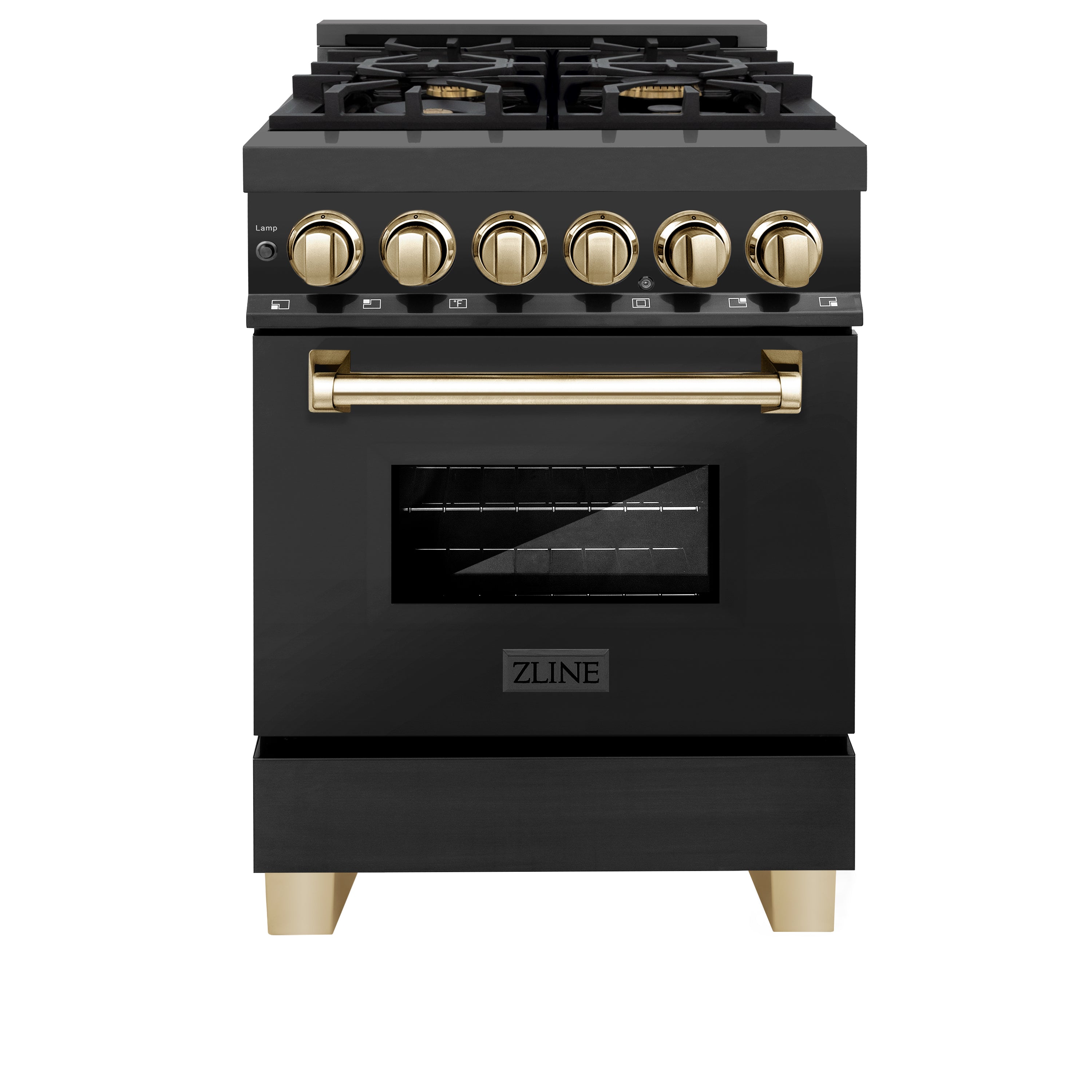ZLINE Autograph Edition 24" 2.8 cu. ft. Dual Fuel Range with Gas Stove and Electric Oven in Black Stainless Steel with Polished Gold Accents (RABZ-24-G)