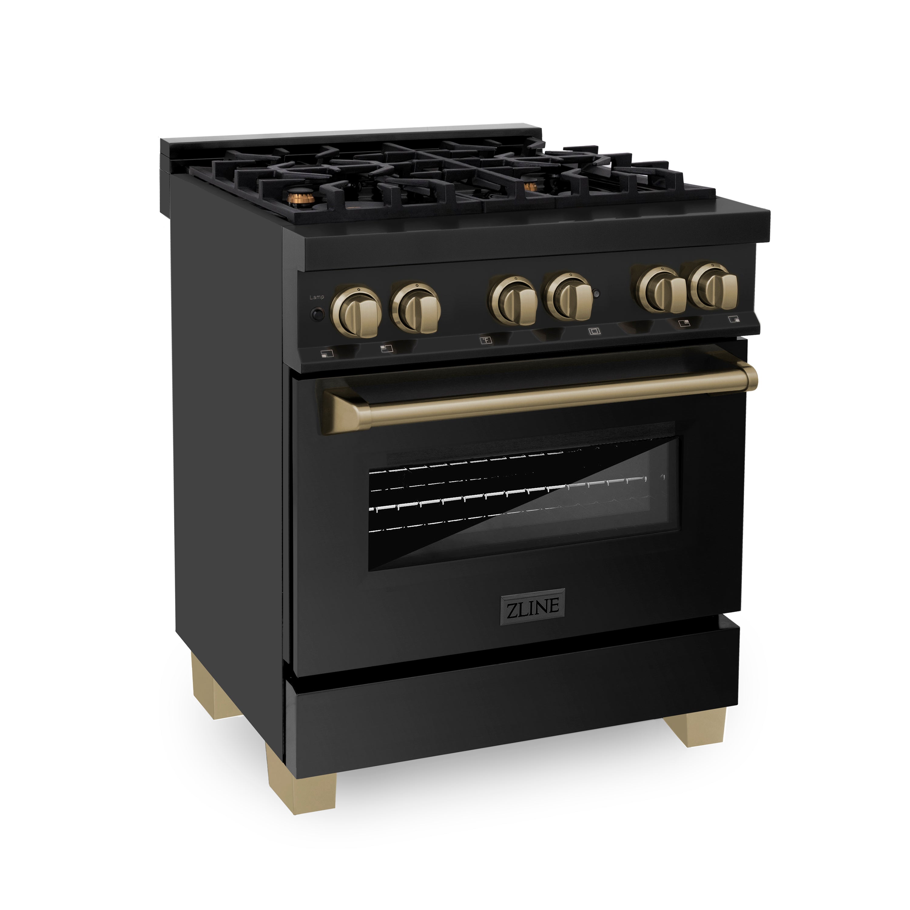 ZLINE Autograph Edition 30" 4.0 cu. ft. Dual Fuel Range with Gas Stove and Electric Oven in Black Stainless Steel with Champagne Bronze Accents (RABZ-30-CB)