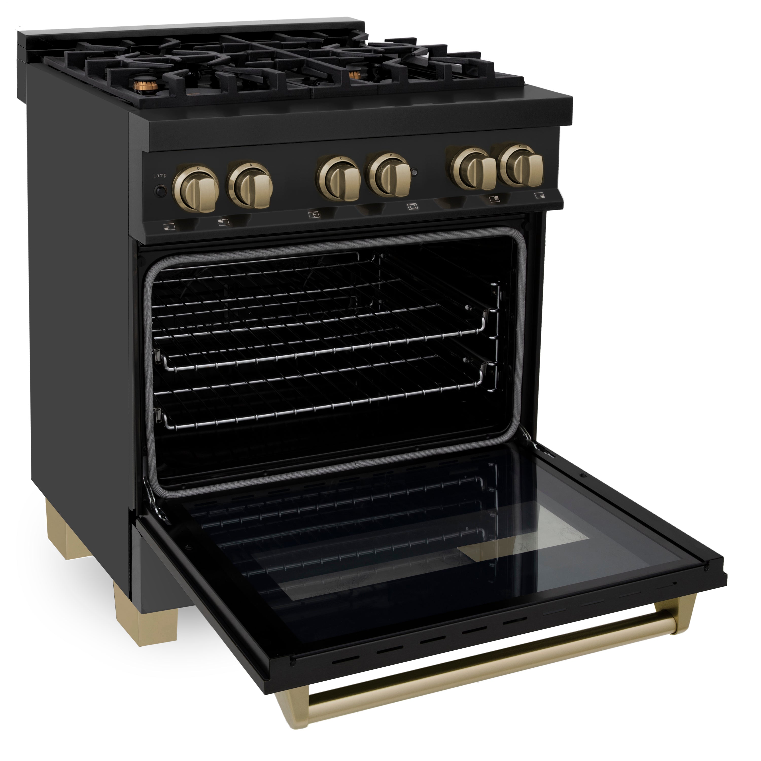 ZLINE Autograph Edition 30" 4.0 cu. ft. Dual Fuel Range with Gas Stove and Electric Oven in Black Stainless Steel with Champagne Bronze Accents (RABZ-30-CB)