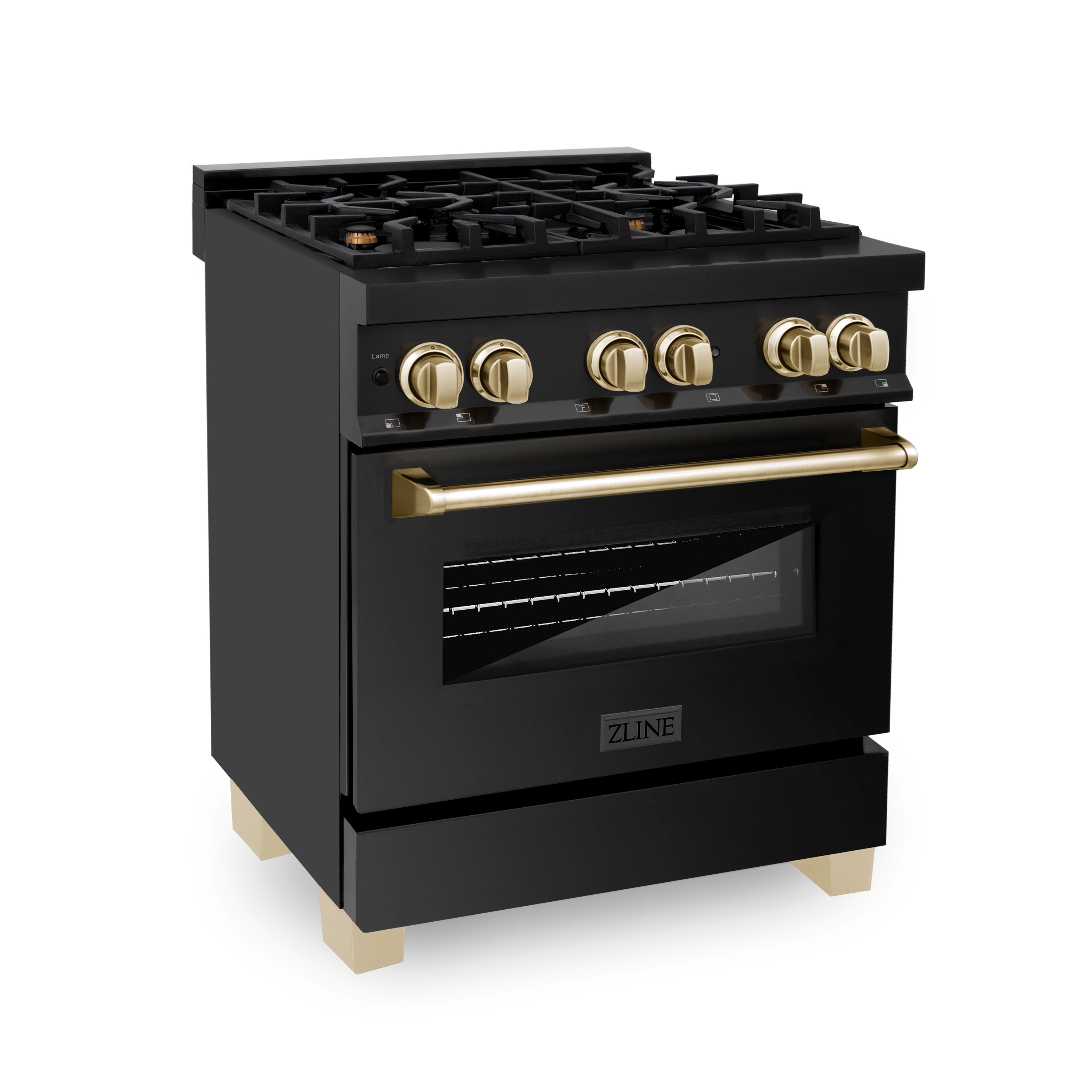 ZLINE Autograph Edition 30" 4.0 cu. ft. Dual Fuel Range with Gas Stove and Electric Oven in Black Stainless Steel with Polished Gold Accents (RABZ-30-G)