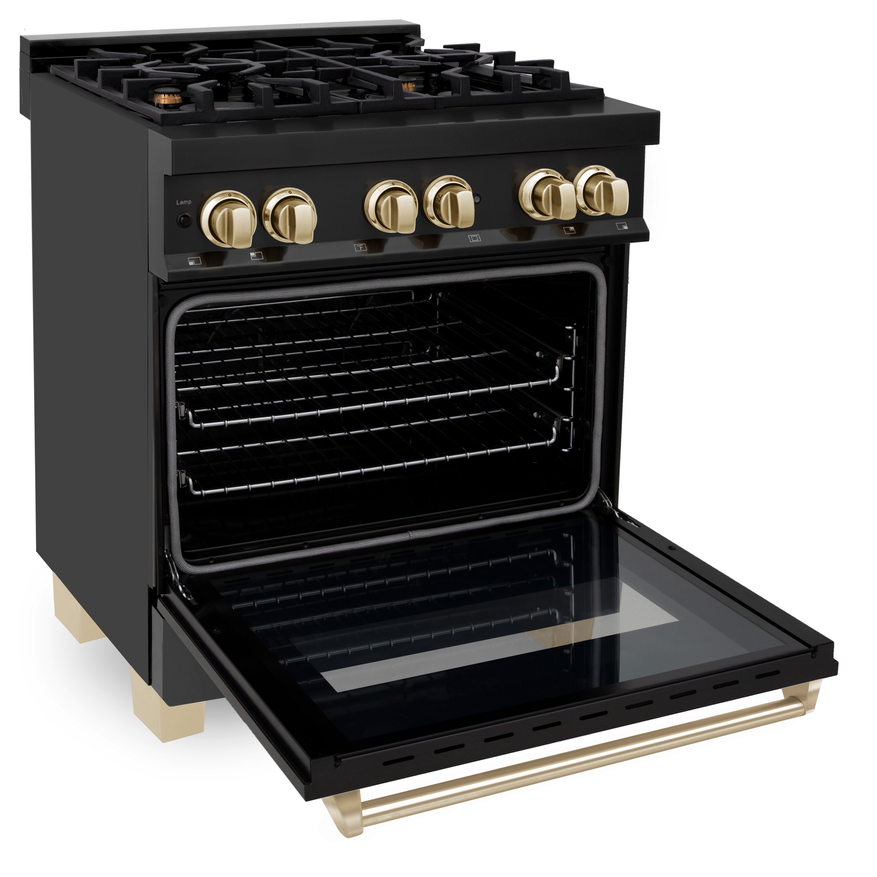 ZLINE Autograph Edition 30" 4.0 cu. ft. Dual Fuel Range with Gas Stove and Electric Oven in Black Stainless Steel with Polished Gold Accents (RABZ-30-G)