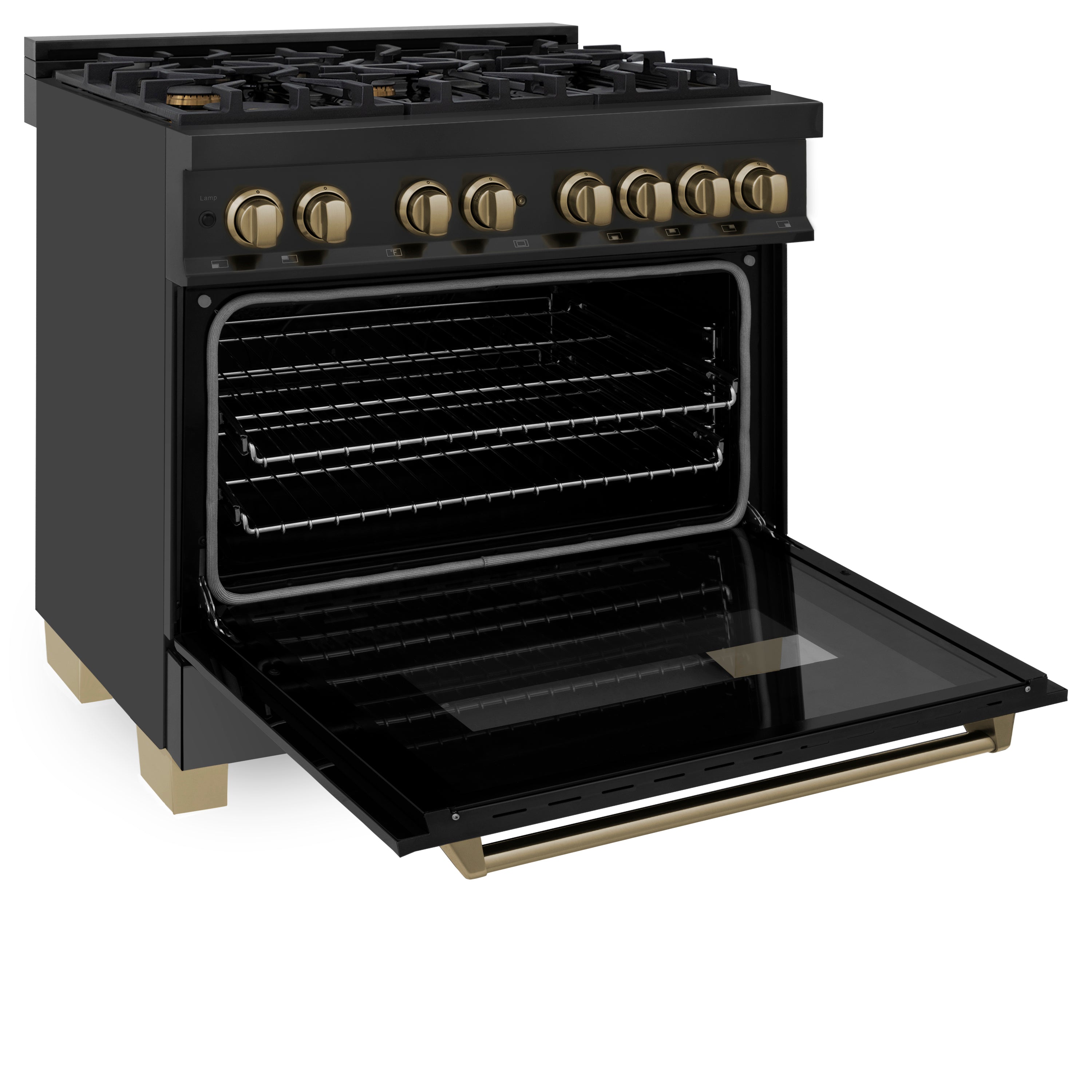 ZLINE Autograph Edition 36" 4.6 cu. ft. Dual Fuel Range with Gas Stove and Electric Oven in Black Stainless Steel with Champagne Bronze Accents (RABZ-36-CB)