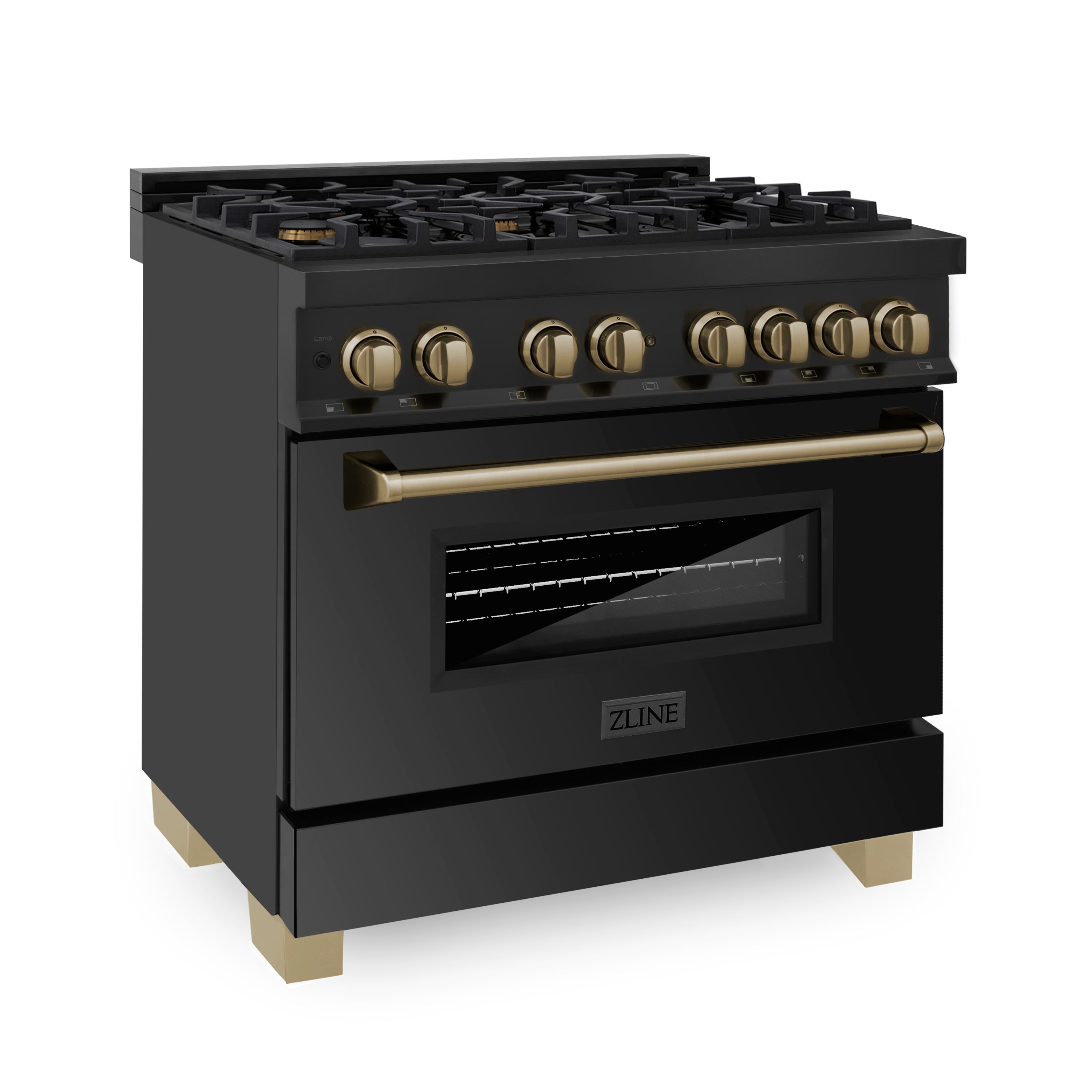 ZLINE Autograph Edition 36" 4.6 cu. ft. Dual Fuel Range with Gas Stove and Electric Oven in Black Stainless Steel with Champagne Bronze Accents (RABZ-36-CB)