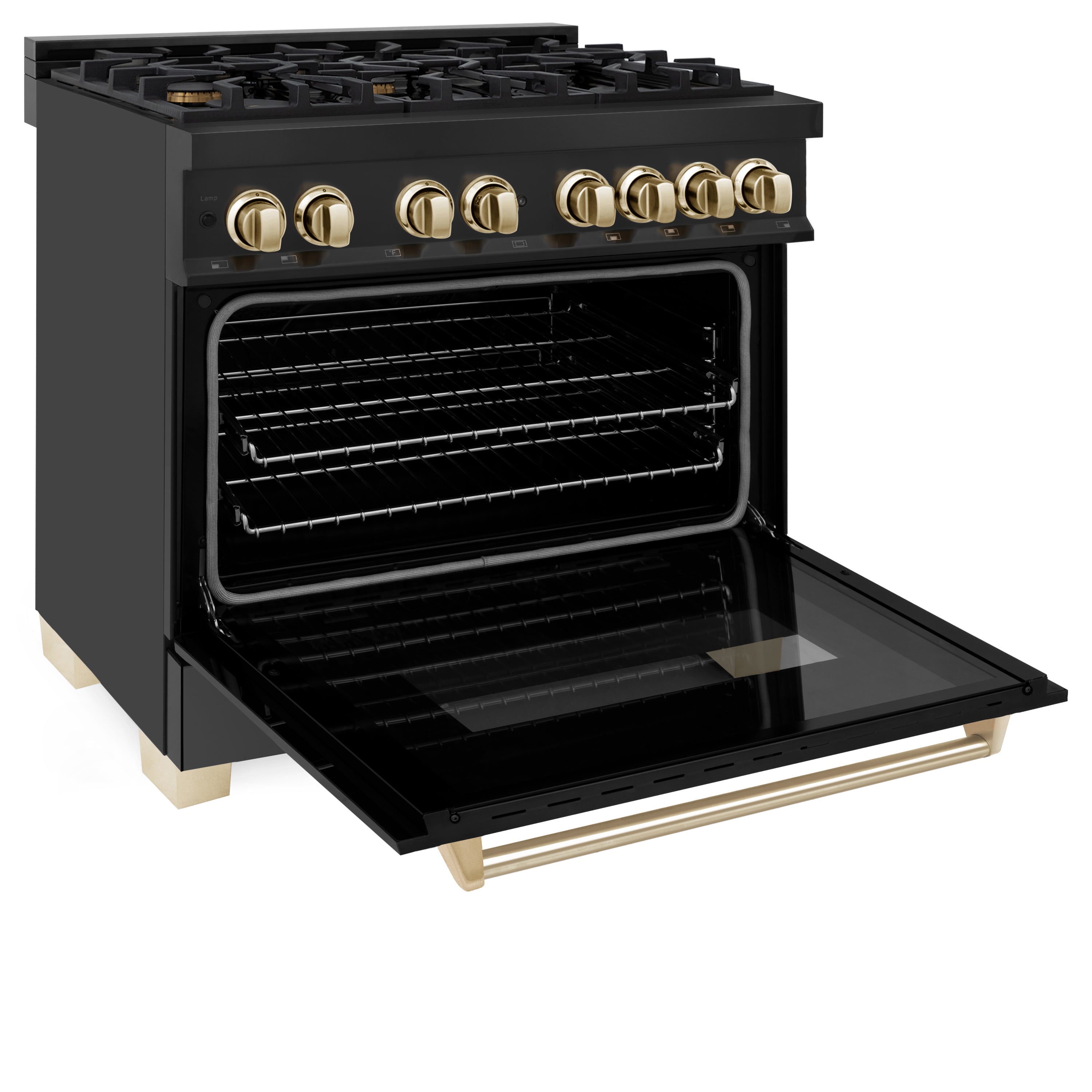 ZLINE Autograph Edition 36" 4.6 cu. ft. Dual Fuel Range with Gas Stove and Electric Oven in Black Stainless Steel with Polished Gold Accents (RABZ-36-G)