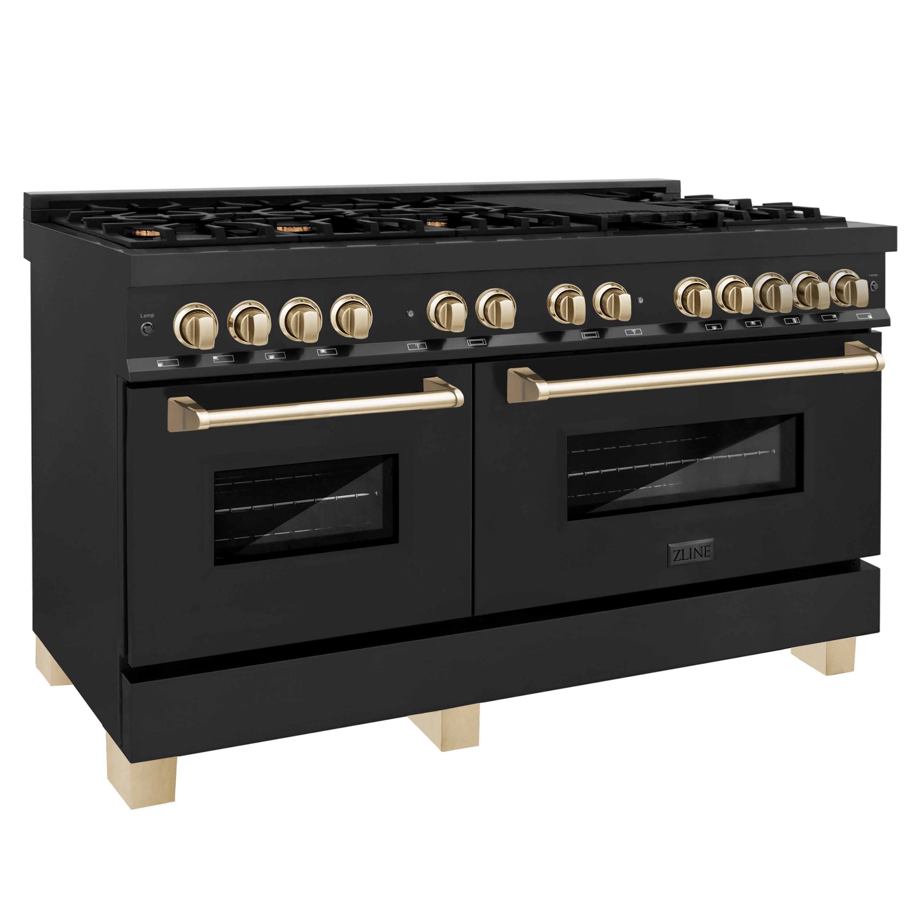 ZLINE Autograph Edition 60" 7.4 cu. ft. Dual Fuel Range with Gas Stove and Electric Oven in Black Stainless Steel with Polished Gold Accents (RABZ-60-G)