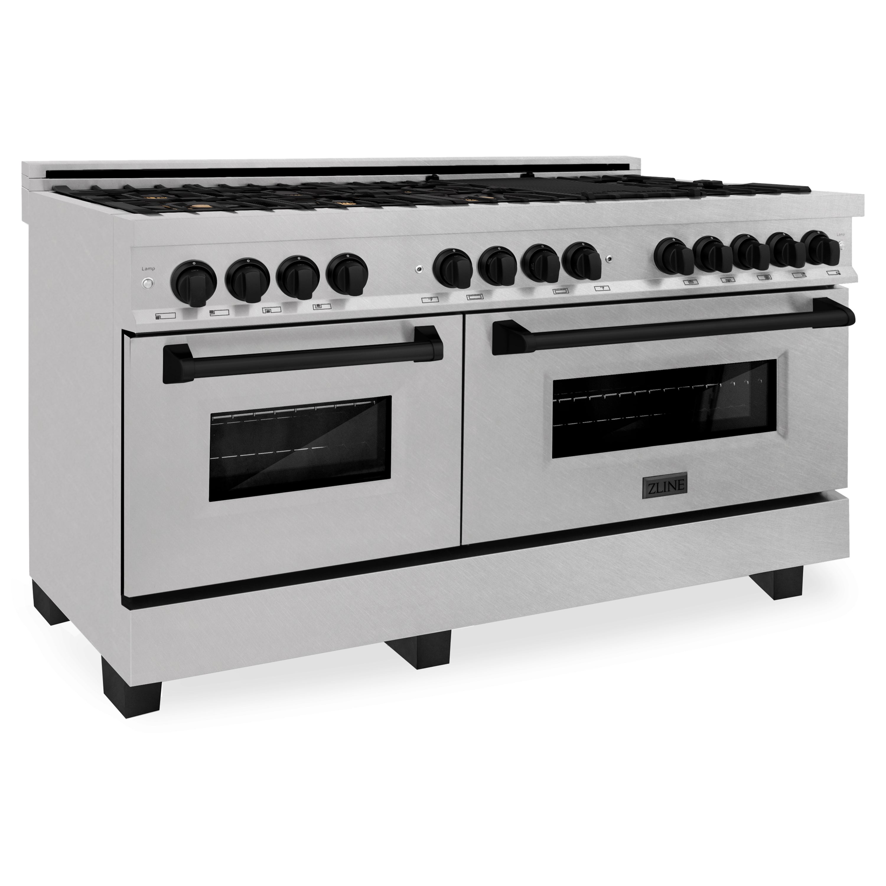 ZLINE Autograph Edition 60" 7.4 cu. ft. Dual Fuel Range with Gas Stove and Electric Oven in DuraSnow Stainless Steel with Matte Black Accents (RASZ-SN-60-MB)