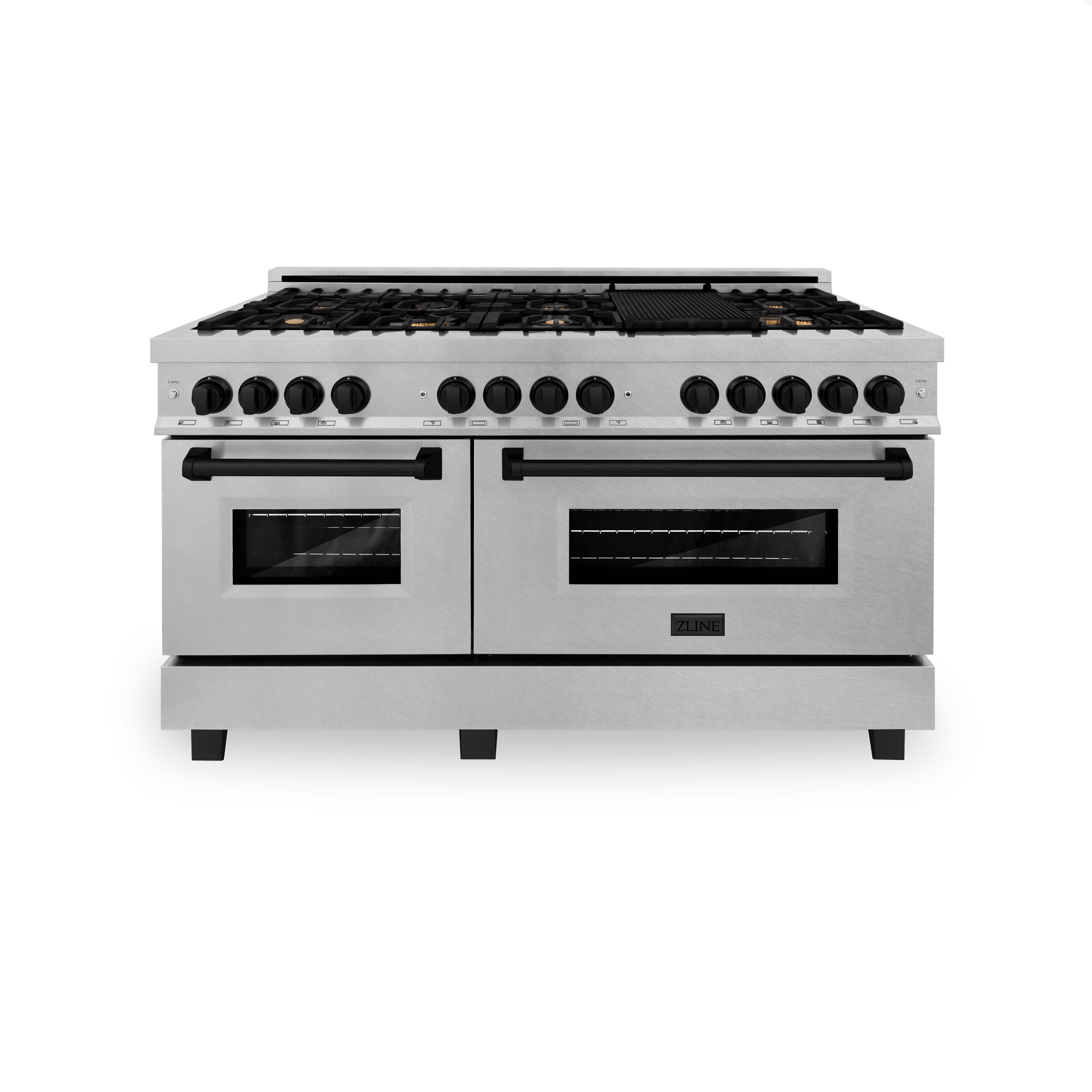 ZLINE Autograph Edition 60" 7.4 cu. ft. Dual Fuel Range with Gas Stove and Electric Oven in DuraSnow Stainless Steel with Matte Black Accents (RASZ-SN-60-MB)