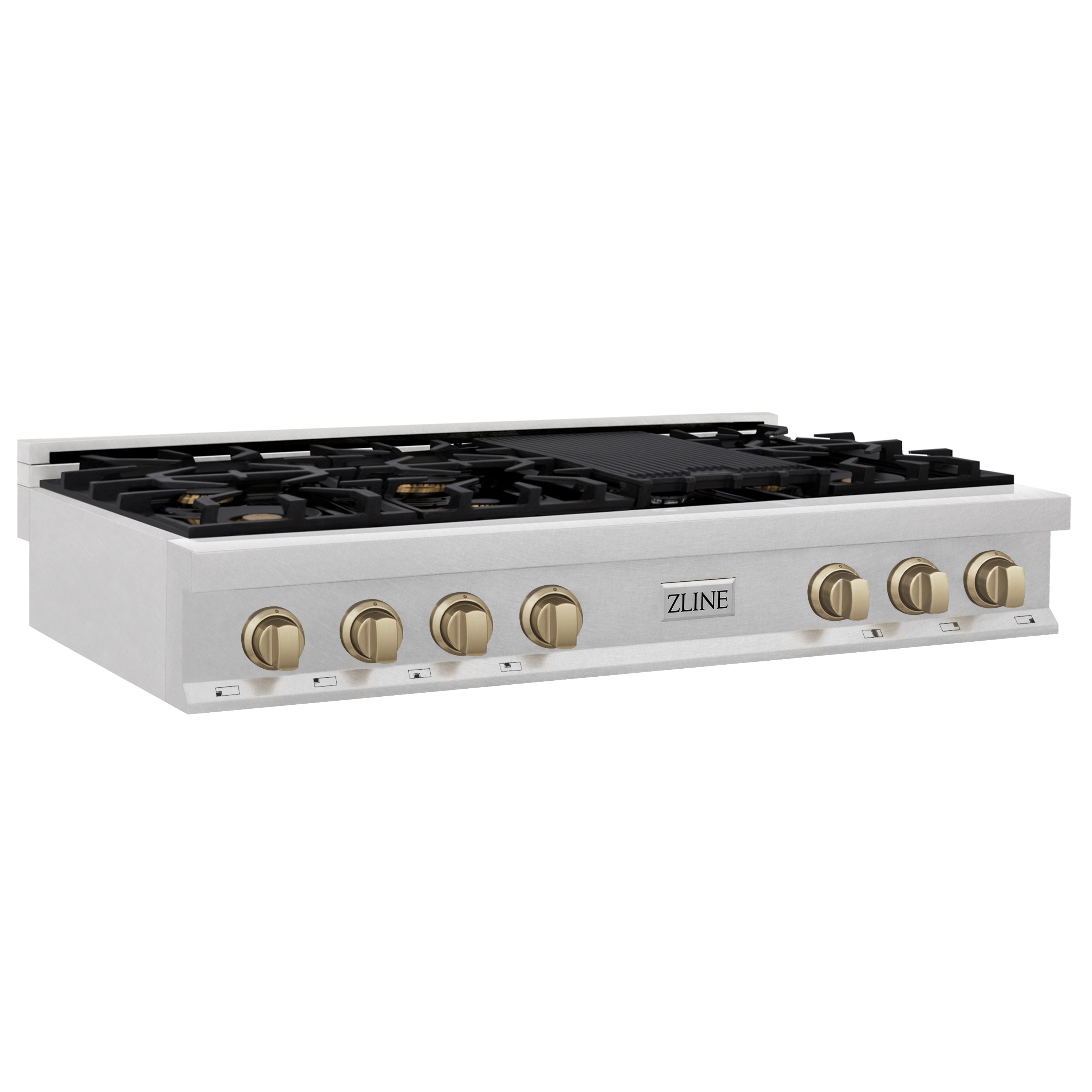 ZLINE Autograph Edition 48" Porcelain Rangetop with 7 Gas Burners in Fingerprint Resistant Stainless Steel and Champagne Bronze Accents (RTSZ-48-CB)