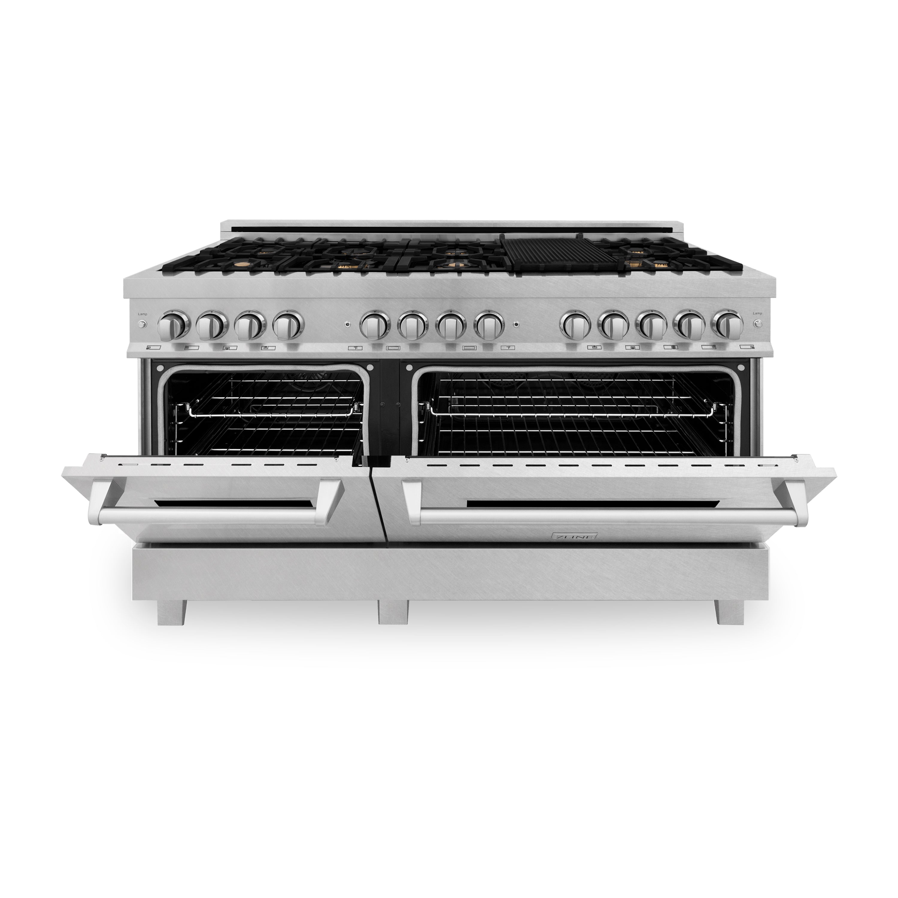 ZLINE 60" 7.4 cu. ft. Dual Fuel Range with Gas Stove and Electric Oven in Fingerprint Resistant Stainless Steel with Brass Burners (RAS-SN-BR-60)