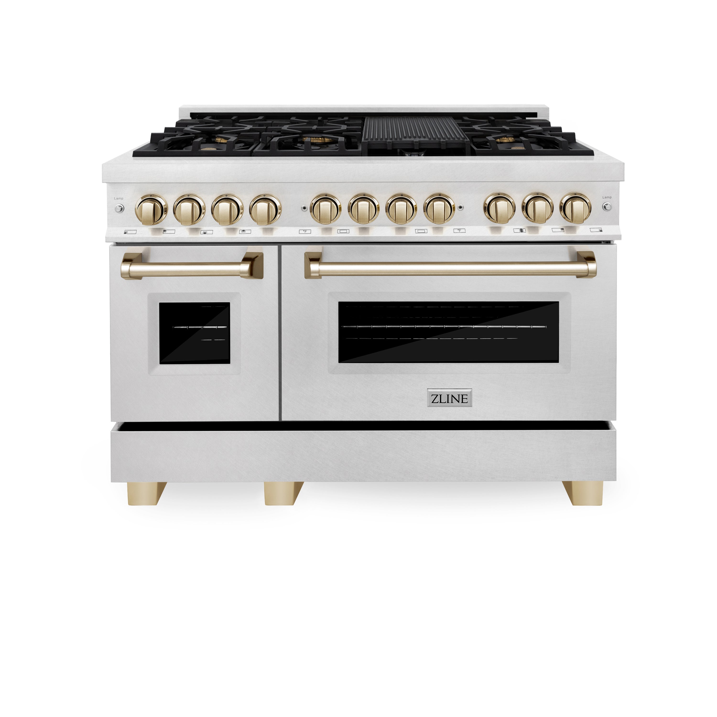 ZLINE Autograph Edition 48" 6.0 cu. ft. Dual Fuel Range with Gas Stove and Electric Oven in Fingerprint Resistant Stainless Steel with Gold Accents (RASZ-SN-48-G)