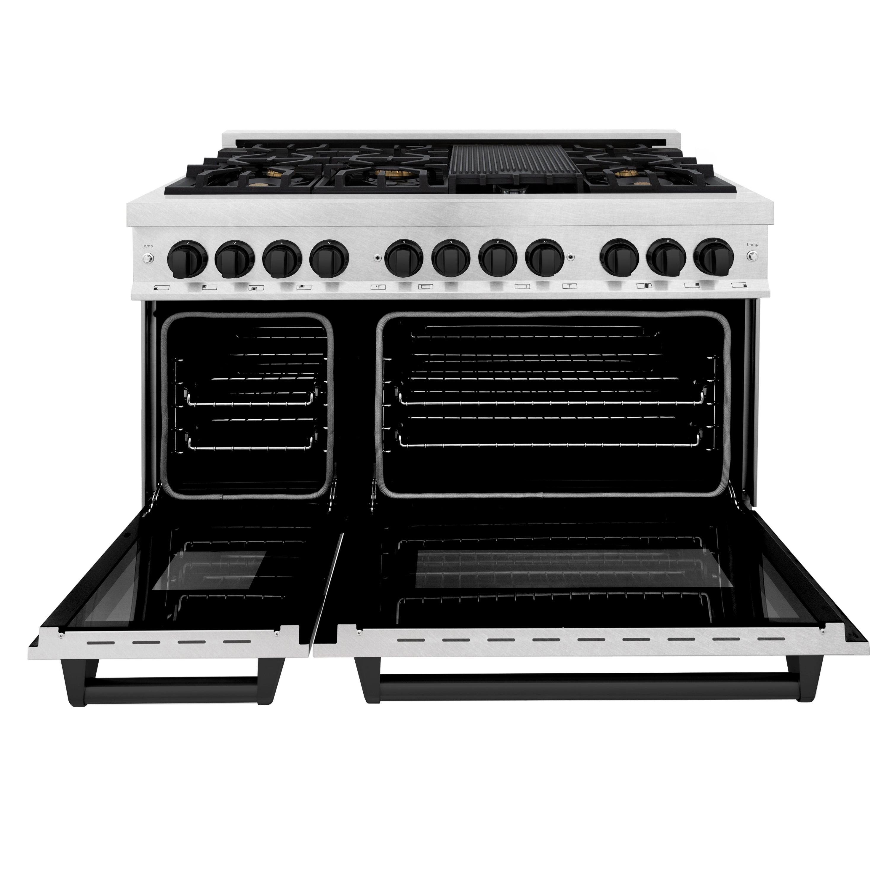 ZLINE Autograph Edition 48" 6.0 cu. ft. Dual Fuel Range with Gas Stove and Electric Oven in DuraSnow® Stainless Steel with Matte Black Accents (RASZ-SN-48-MB)
