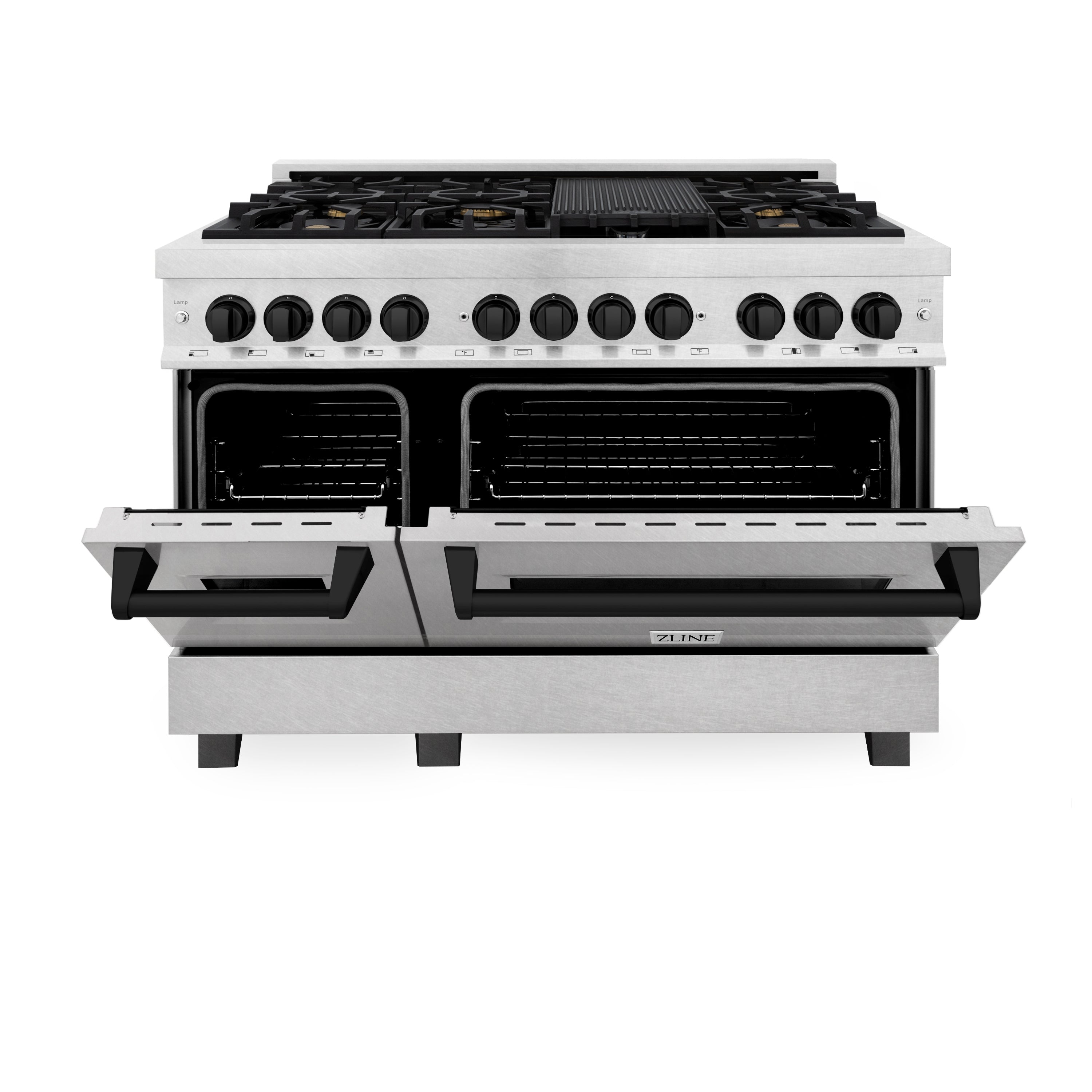 ZLINE Autograph Edition 48" 6.0 cu. ft. Dual Fuel Range with Gas Stove and Electric Oven in DuraSnow® Stainless Steel with Matte Black Accents (RASZ-SN-48-MB)