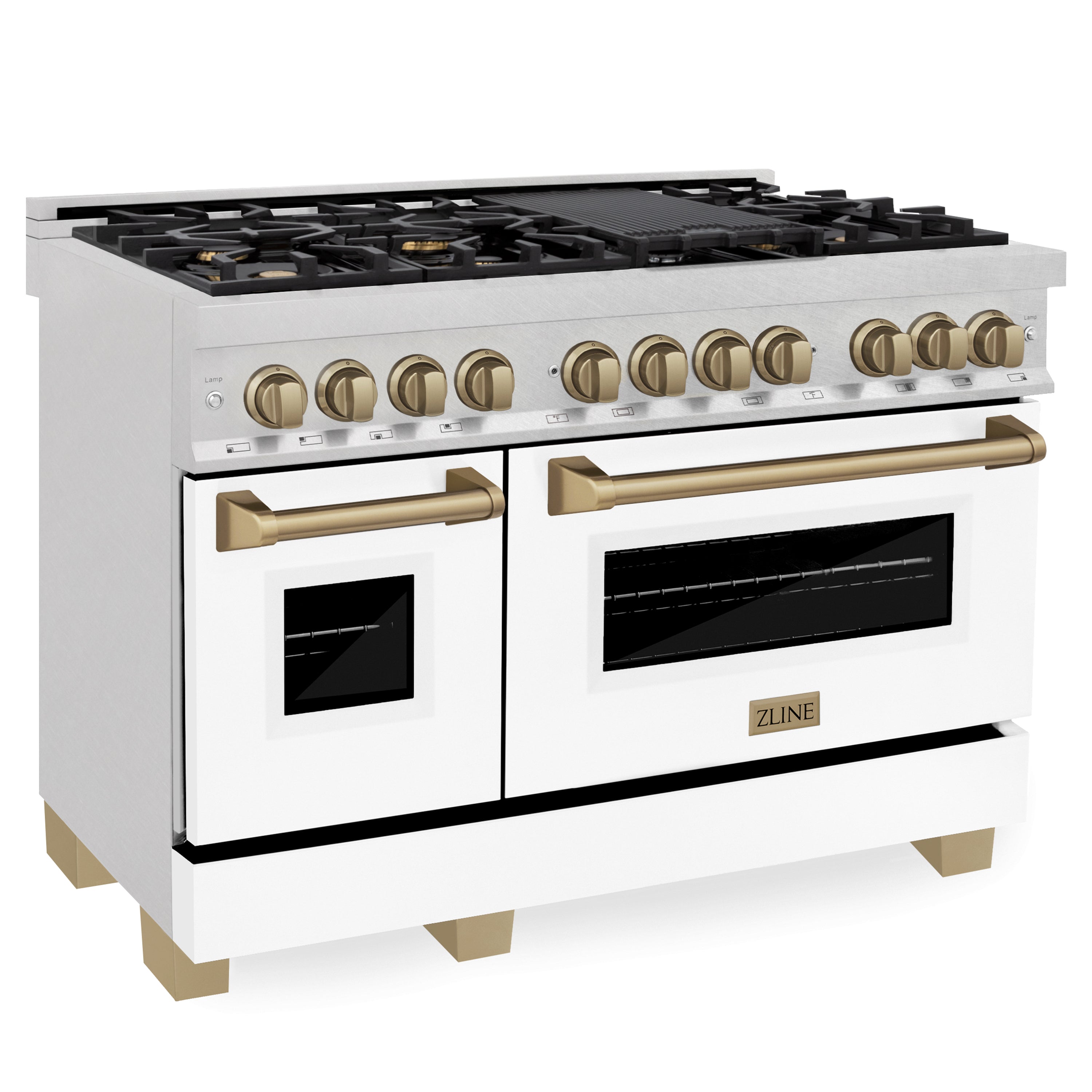 ZLINE Autograph Edition 48" 6.0 cu. ft. Dual Fuel Range with Gas Stove and Electric Oven in DuraSnow® Stainless Steel with White Matte Door and Champagne Bronze Accents (RASZ-WM-48-CB)