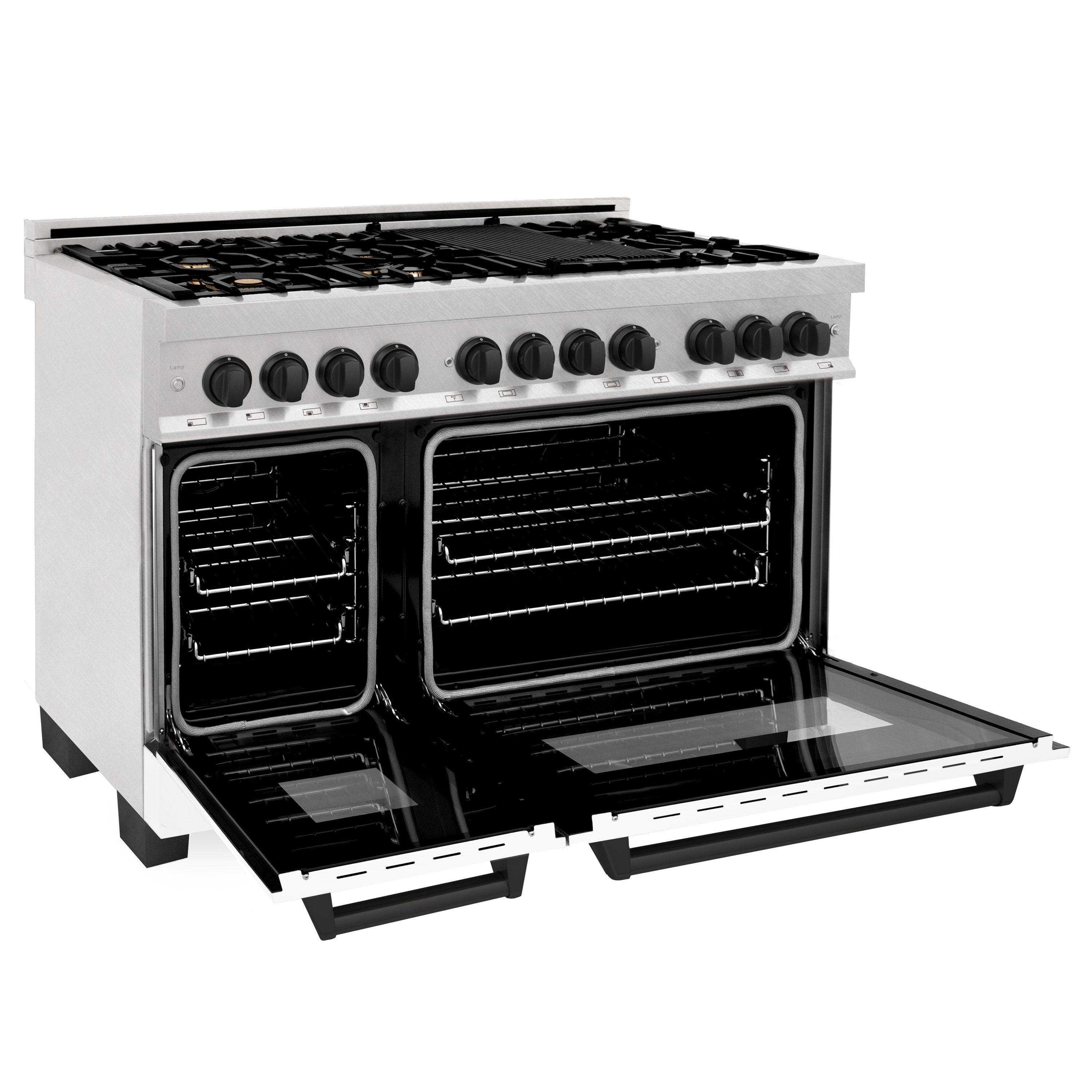 ZLINE Autograph Edition 48" 6.0 cu. ft. Dual Fuel Range with Gas Stove and Electric Oven in DuraSnow® Stainless Steel with White Matte Door and Matte Black Accents (RASZ-WM-48-MB)