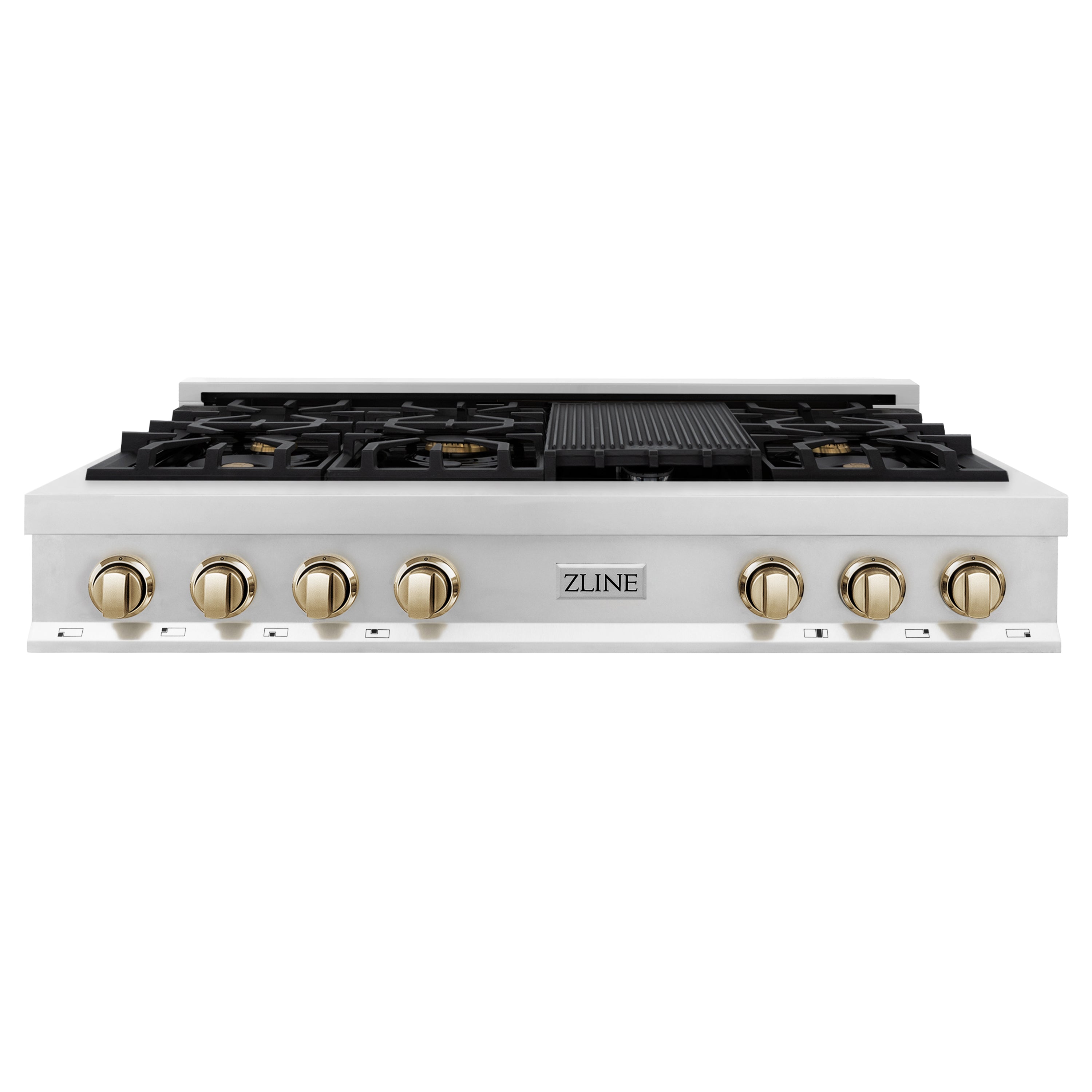 ZLINE Autograph Edition 48" Porcelain Rangetop with 7 Gas Burners in Stainless Steel and Gold Accents (RTZ-48-G)