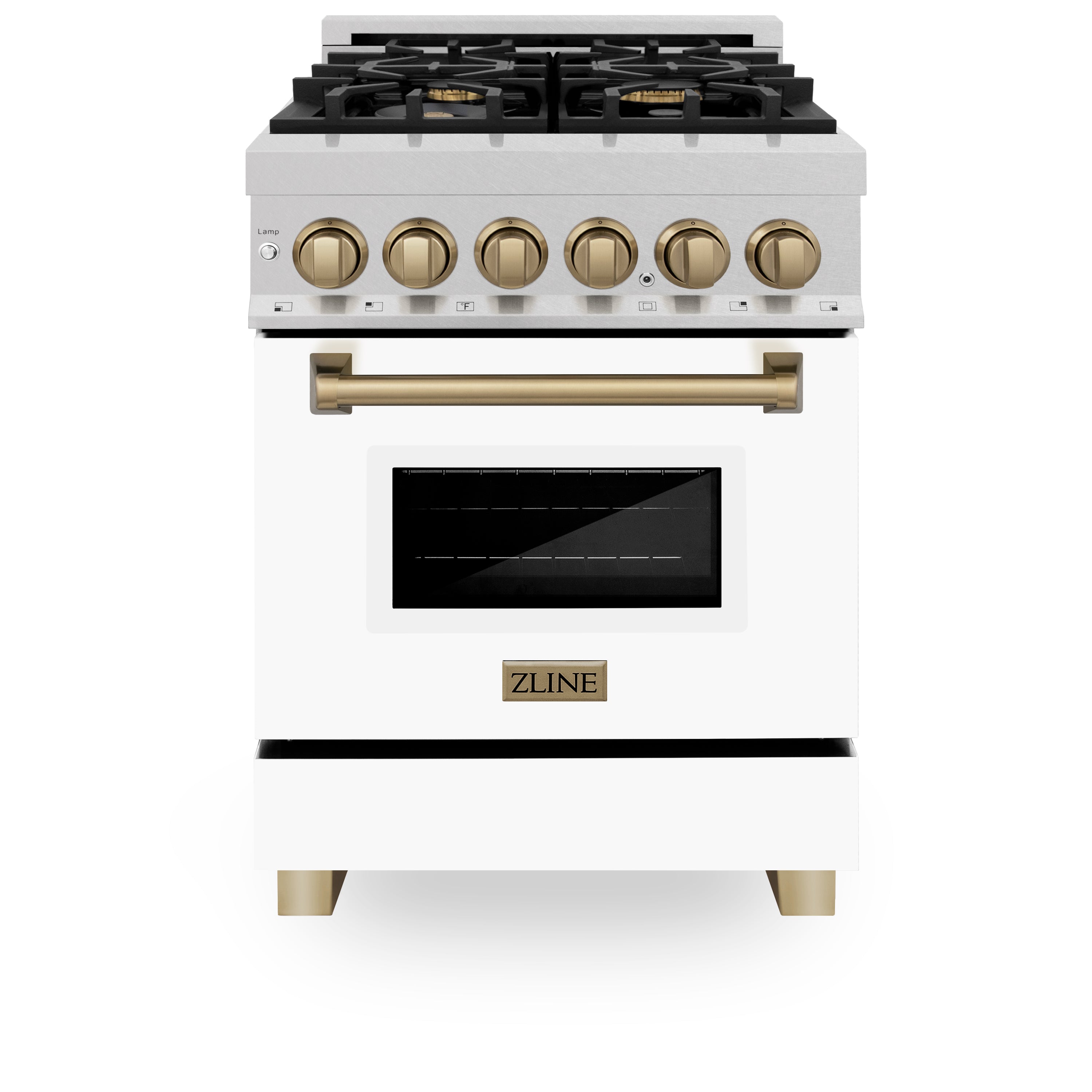 ZLINE Autograph Edition 24" 2.8 cu. ft. Dual Fuel Range with Gas Stove and Electric Oven in DuraSnow® Stainless Steel with White Matte Door and Champagne Bronze Accents (RASZ-WM-24-CB)