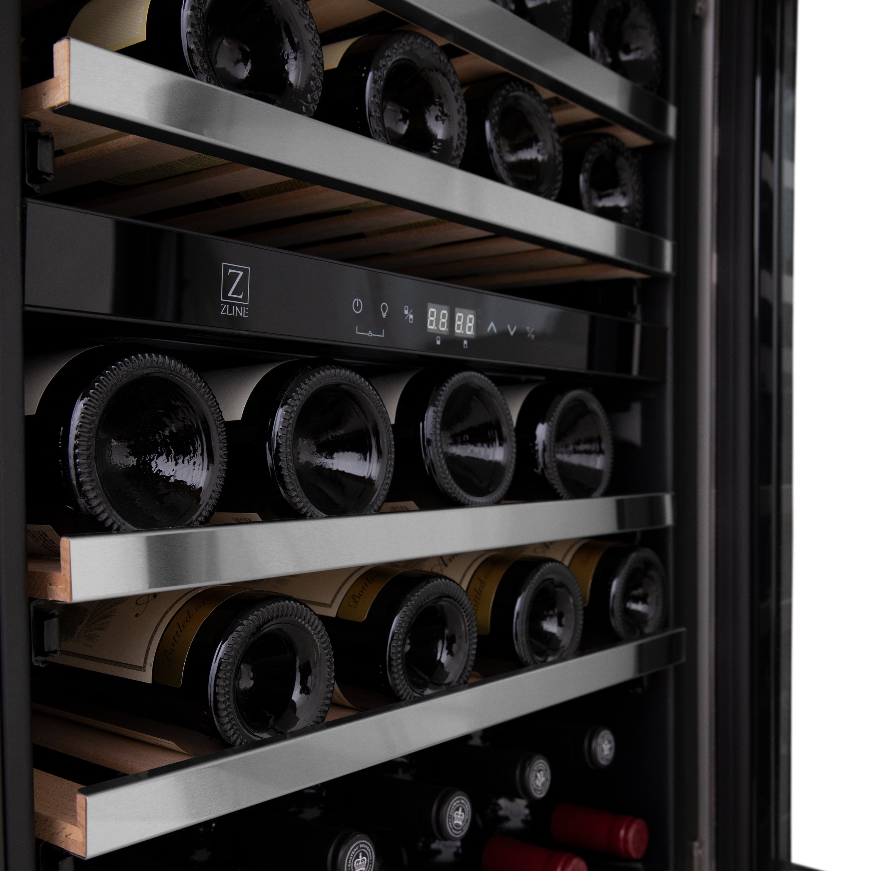 ZLINE 24" Monument Autograph Edition Dual Zone 44-Bottle Wine Cooler in Stainless Steel with Polished Gold Accents (RWVZ-UD-24-G)