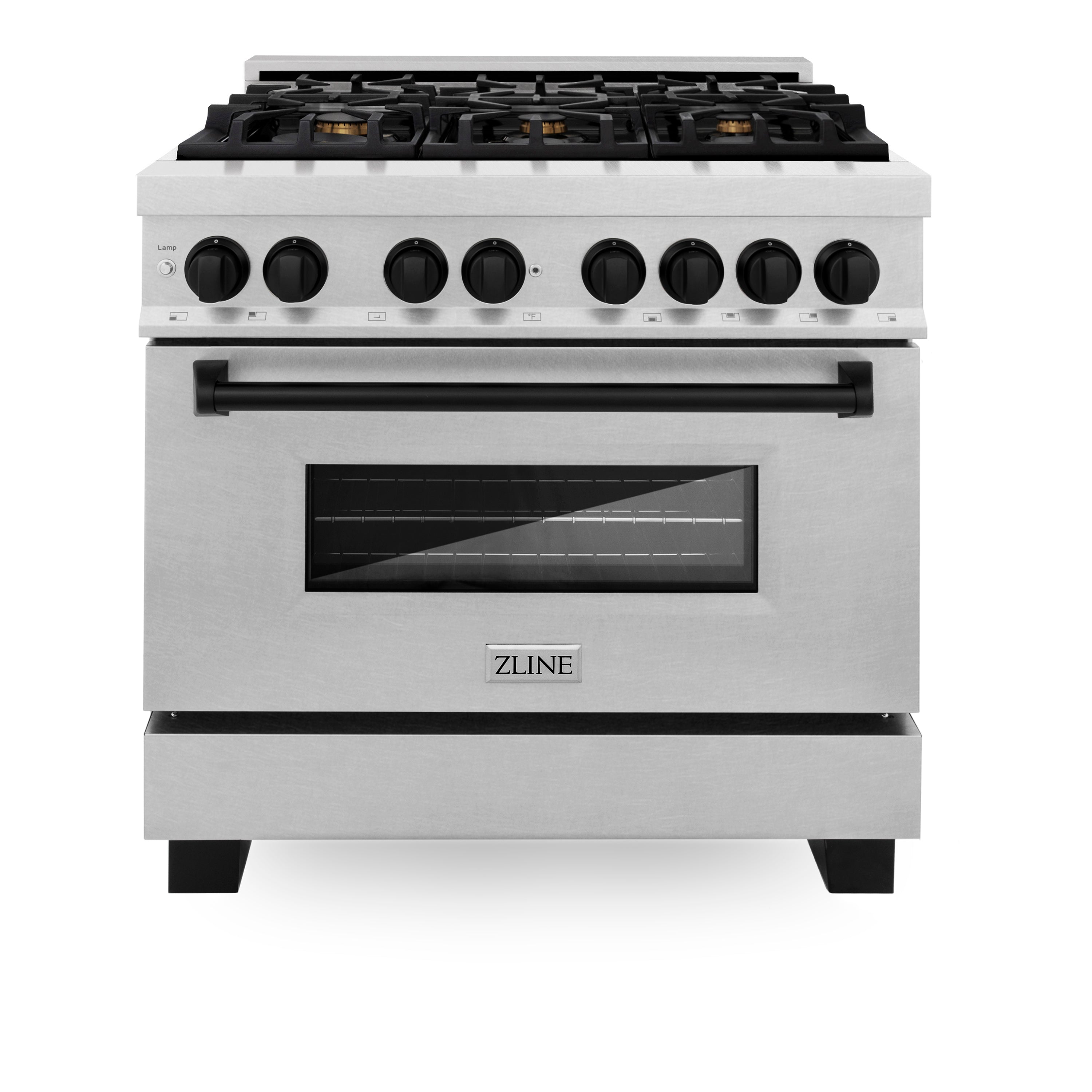 ZLINE Autograph Edition 36" 4.6 cu. ft. Dual Fuel Range with Gas Stove and Electric Oven in DuraSnow® Stainless Steel with Matte Black Accents (RASZ-SN-36-MB)