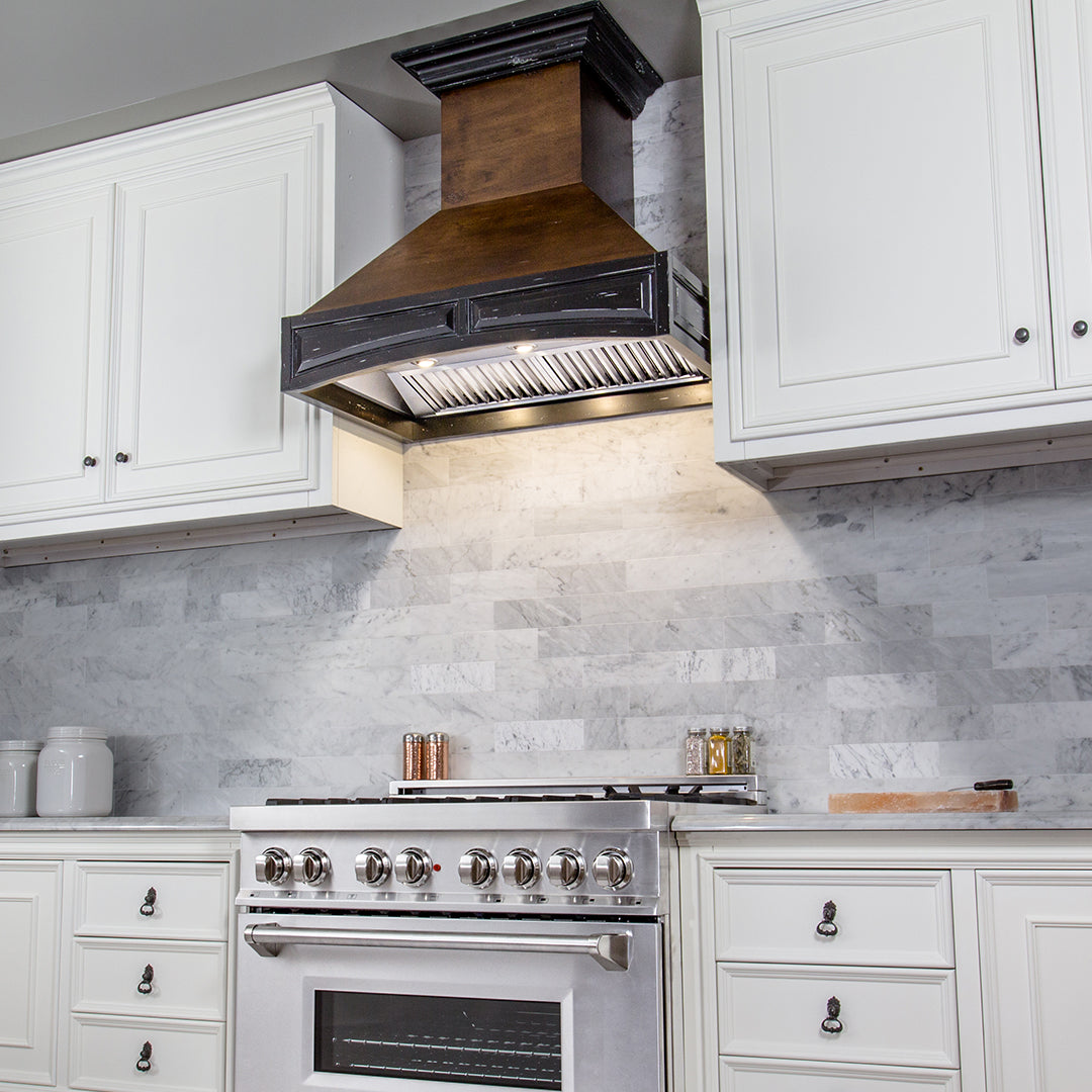 ZLINE Wooden Wall Mount Range Hood in Antigua and Walnut - Includes Remote Motor (321AR-RS-36-400)