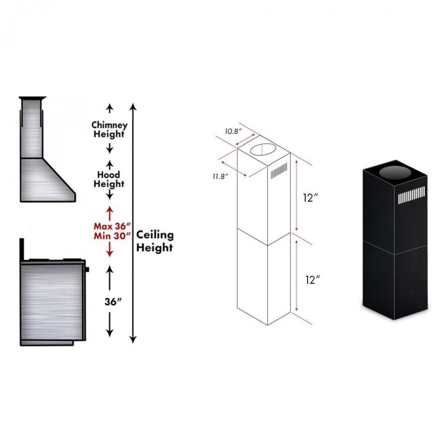 ZLINE Kitchen and Bath, ZLINE 2-12" Short Chimney Pieces for 7 ft. to 8 ft. Ceilings in Black Stainless (SK-BSGL2iN), SK-BSGL2iN,