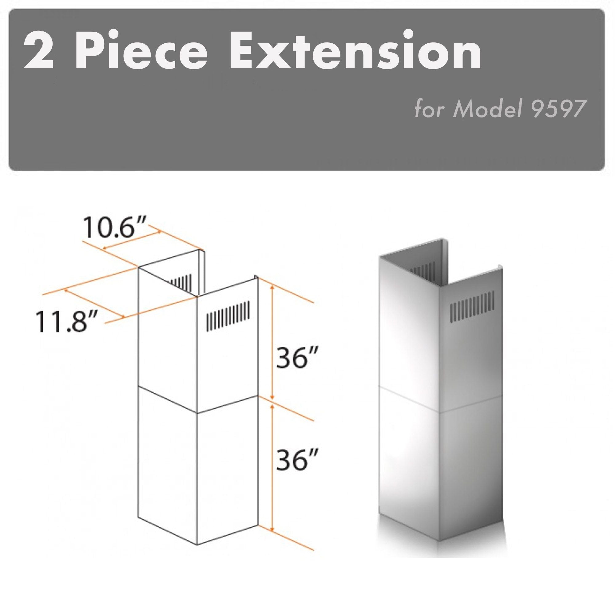 ZLINE Kitchen and Bath, ZLINE 2-36" Chimney Extensions for 10 ft. to 12 ft. Ceilings (2PCEXT-9597), 2PCEXT-9597,