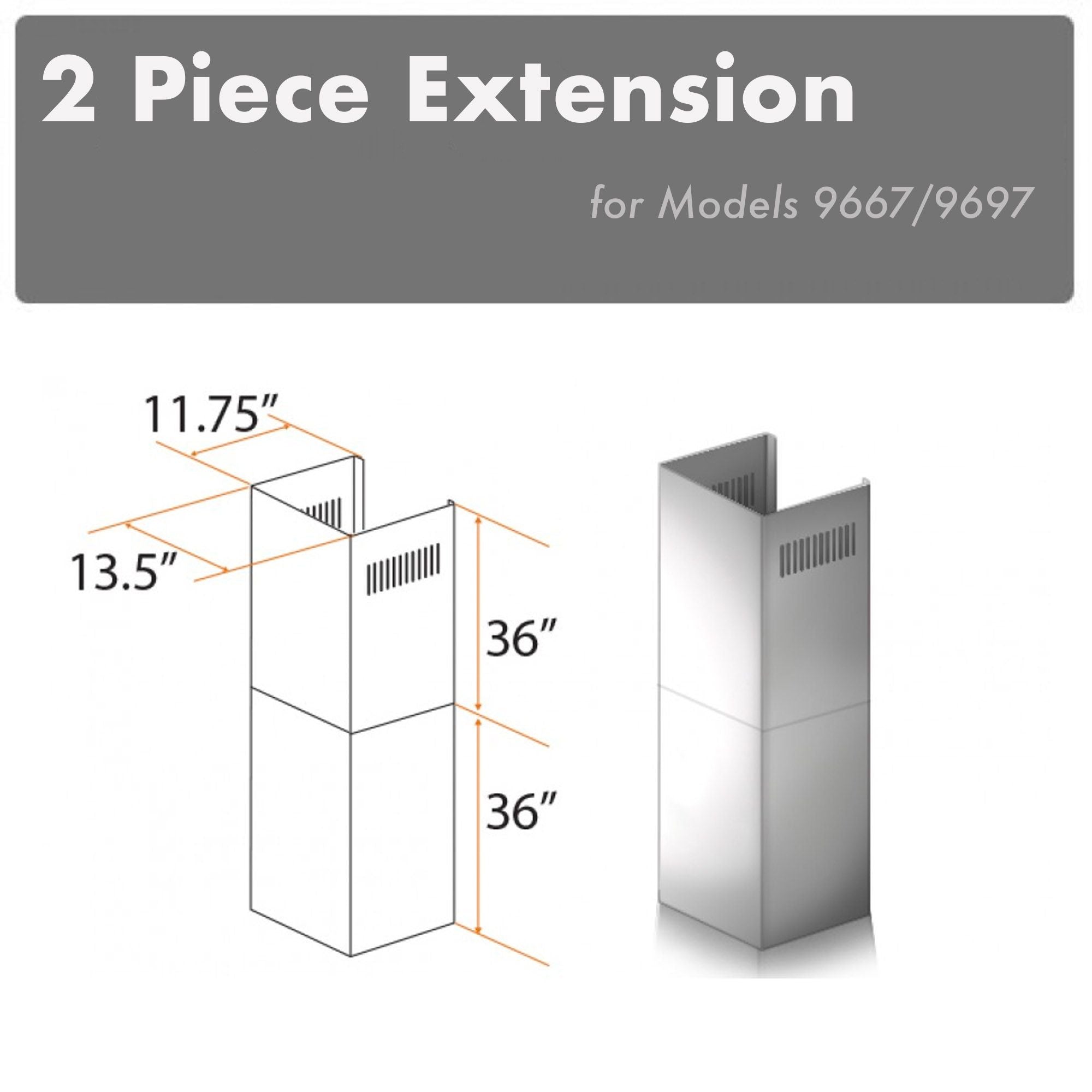 ZLINE Kitchen and Bath, ZLINE 2-36" Chimney Extensions for 10 ft. to 12 ft. Ceilings (2PCEXT-9667/9697), 2PCEXT-9667/9697,