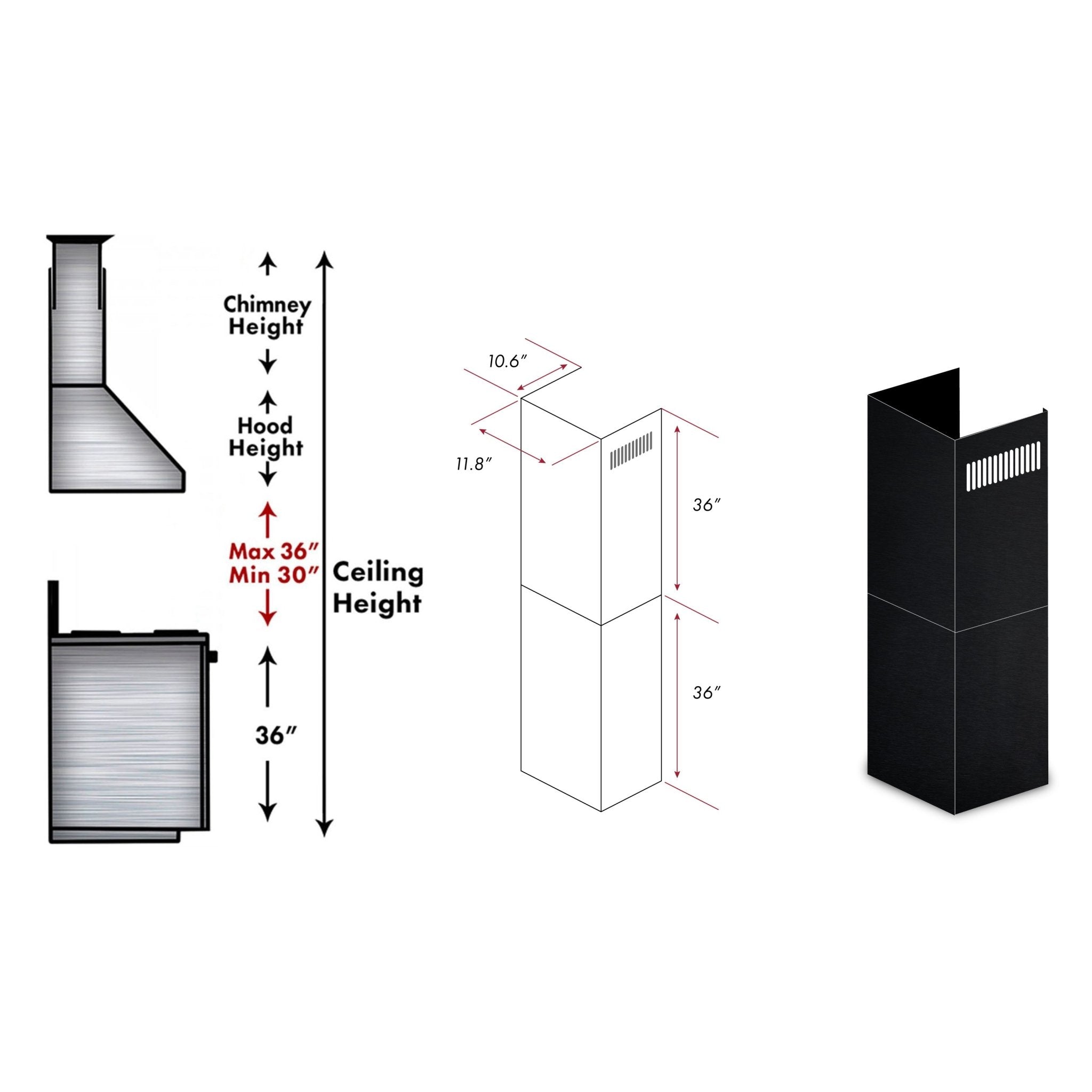 ZLINE Kitchen and Bath, ZLINE 2-36" Chimney Extensions for 10 ft. to 12 ft. Ceilings (2PCEXT-BSKEN), 2PCEXT-BSKEN,