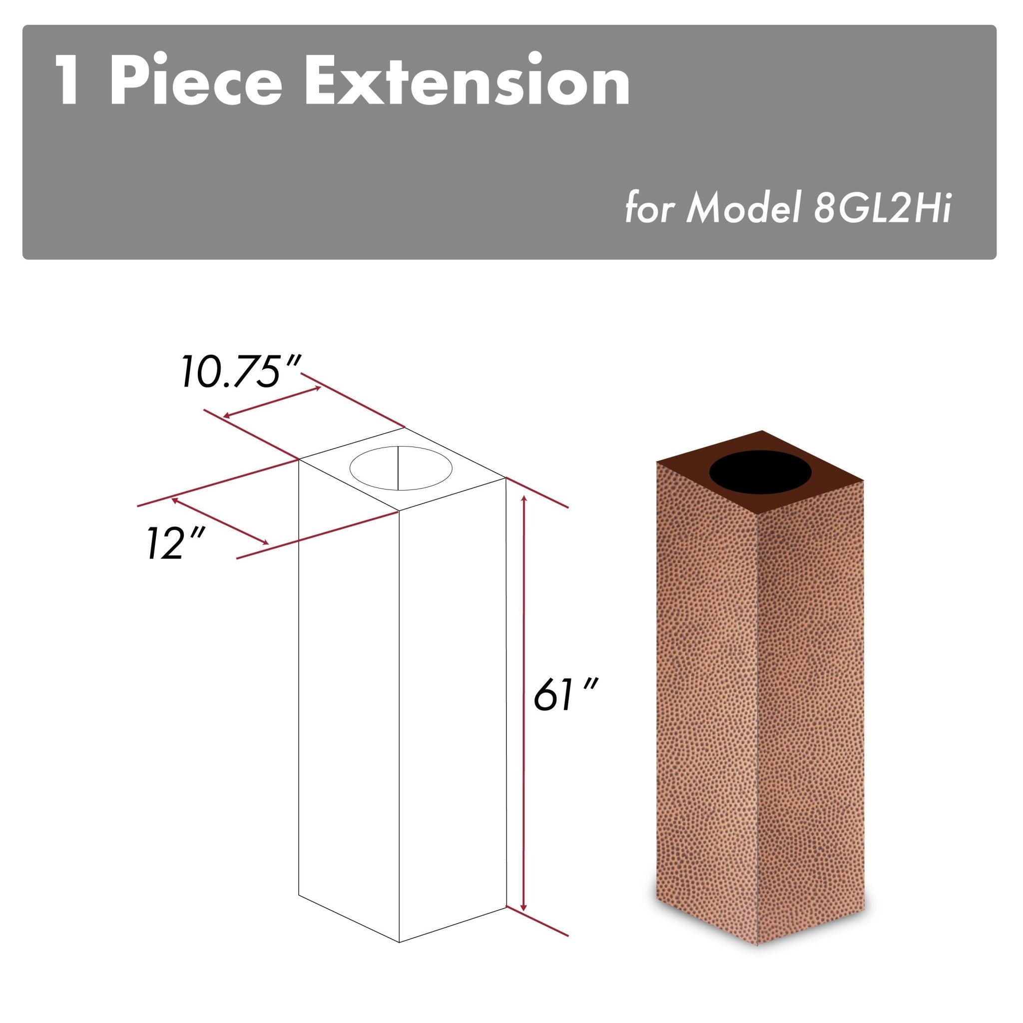 ZLINE Kitchen and Bath, ZLINE 61" Hand Hammered Copper Finished Chimney Extension for Ceilings up to 12.5 ft. (8GL2iH-E), 8GL2Hi-E,