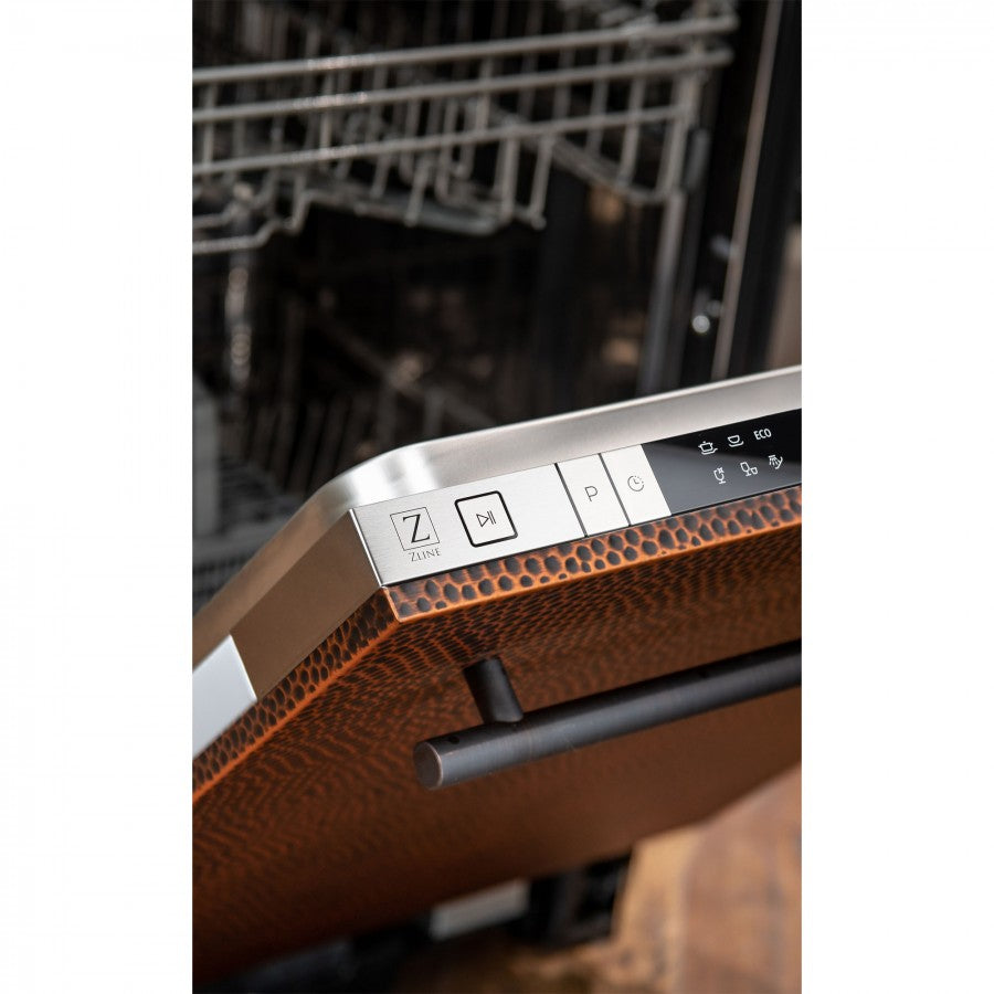 ZLINE 18 in. Compact Hand-Hammered Copper Top Control Dishwasher with Stainless Steel Tub and Modern Style Handle, 52dBa (DW-HH-18)