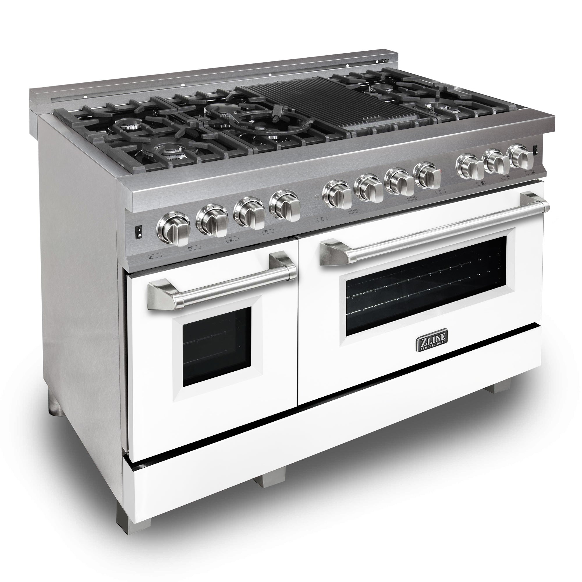 ZLINE 48" 6.0 cu. ft. Dual Fuel Range with Gas Stove and Electric Oven in Fingerprint Resistant Stainless Steel and White Matte Door (RAS-WM-48)