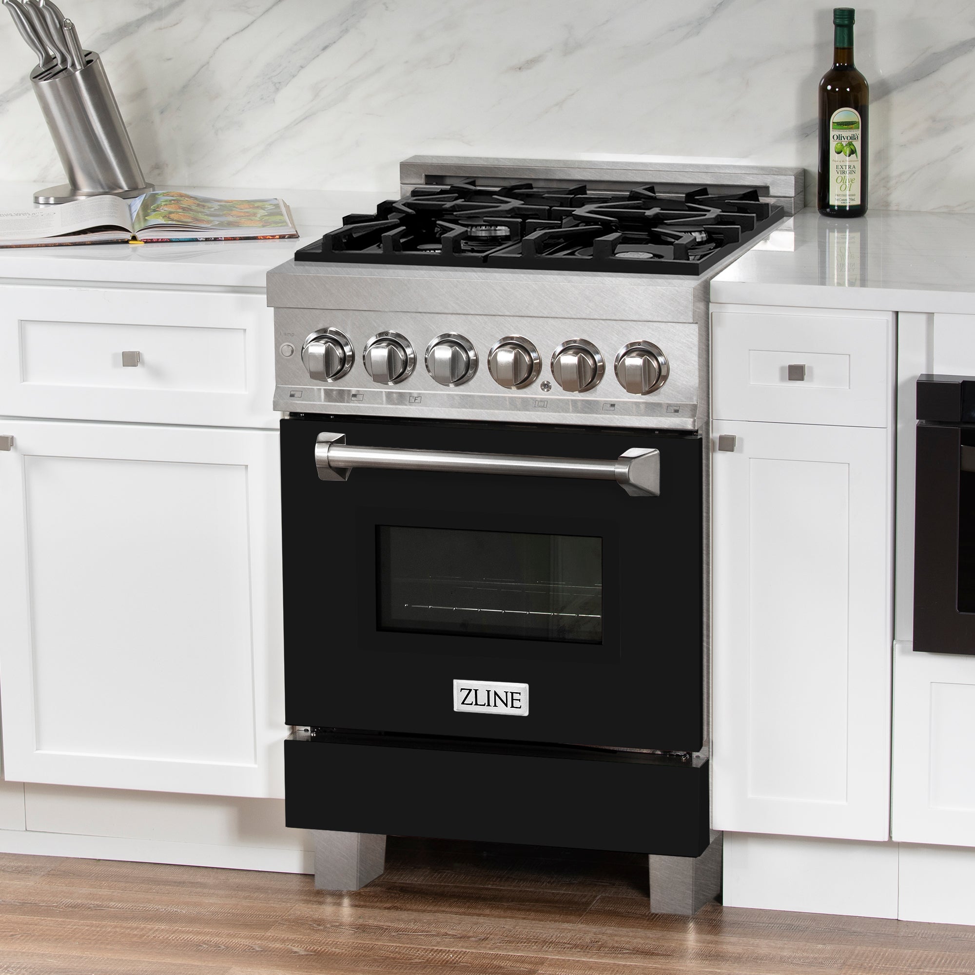ZLINE 24" 2.8 cu. ft. Dual Fuel Range with Gas Stove and Electric Oven in Fingerprint Resistant Stainless Steel and Black Matte Door (RAS-BLM-24)